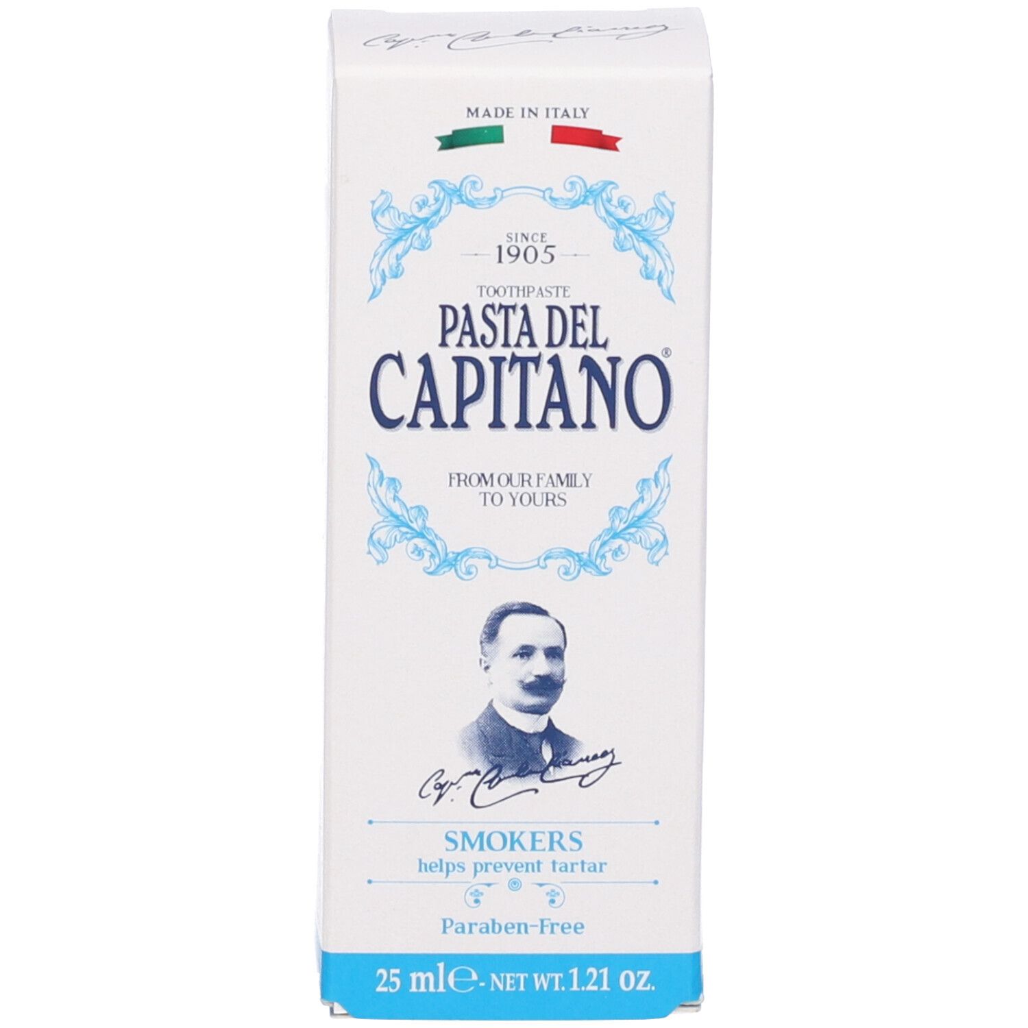 Zahncreme-Schachtel, weiß-blau. Aufschrift: Pasta del Capitano, für Raucher. 25 ml.