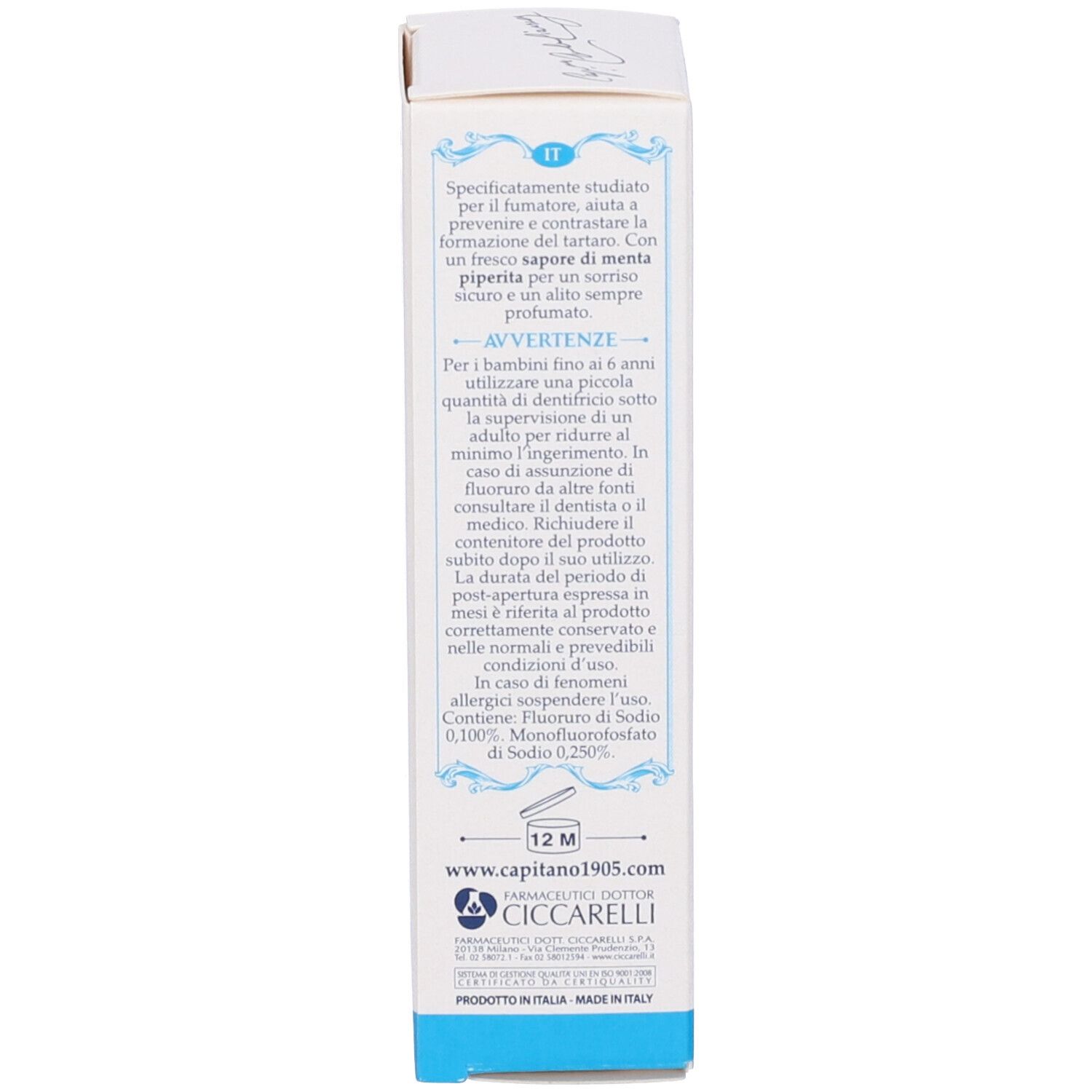 Rückseite der Zahncreme-Schachtel. Text: Speziell für Raucher, Pfefferminzgeschmack, Warnhinweise, Inhaltsstoffe.