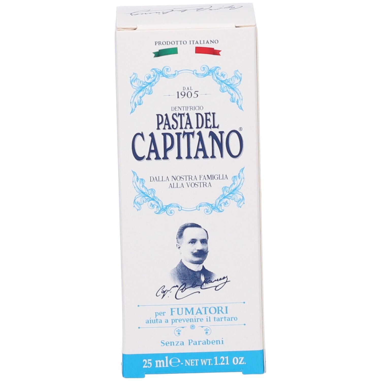 Vorderseite der Zahncreme-Schachtel. Aufschrift: Pasta del Capitano, für Raucher. 25 ml.