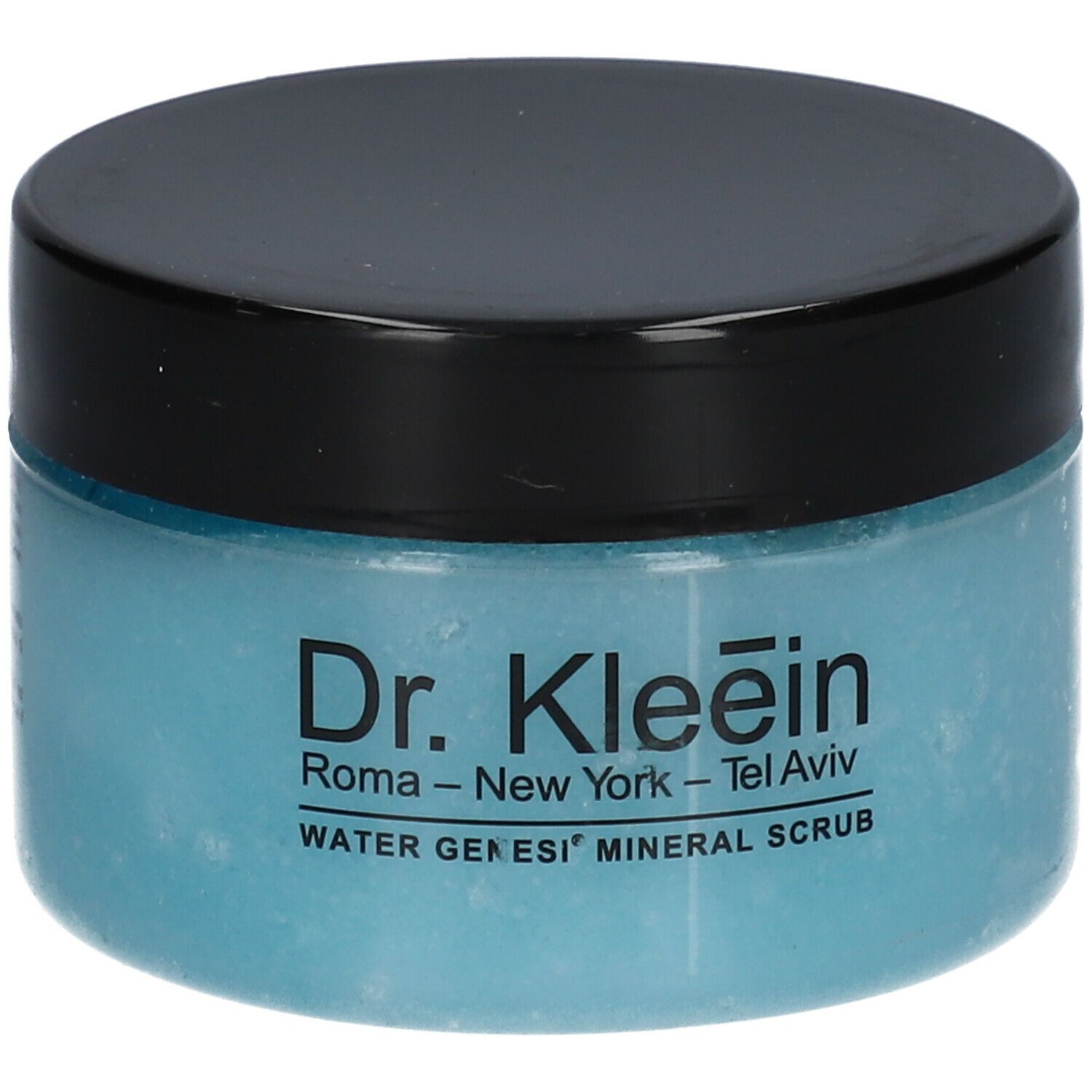 Vasetto rotondo con contenuto blu e coperchio nero. Scritta: Dr. Kleein, Water Genesi Mineral Scrub.