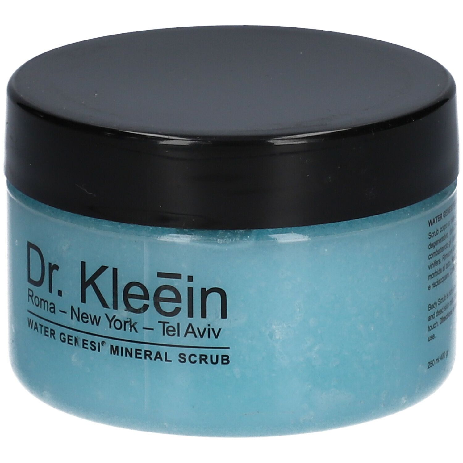 Vasetto rotondo con contenuto blu e coperchio nero. Scritta: Dr. Kleein, Water Genesi Mineral Scrub. Volume: 250 ml.