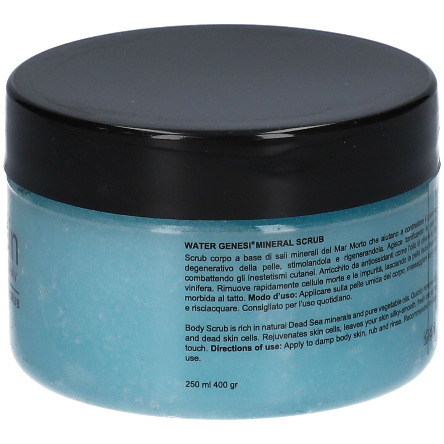 Vasetto rotondo con contenuto blu e coperchio nero. Scritta: Water Genesi Mineral Scrub. Volume: 250 ml, 400 g.