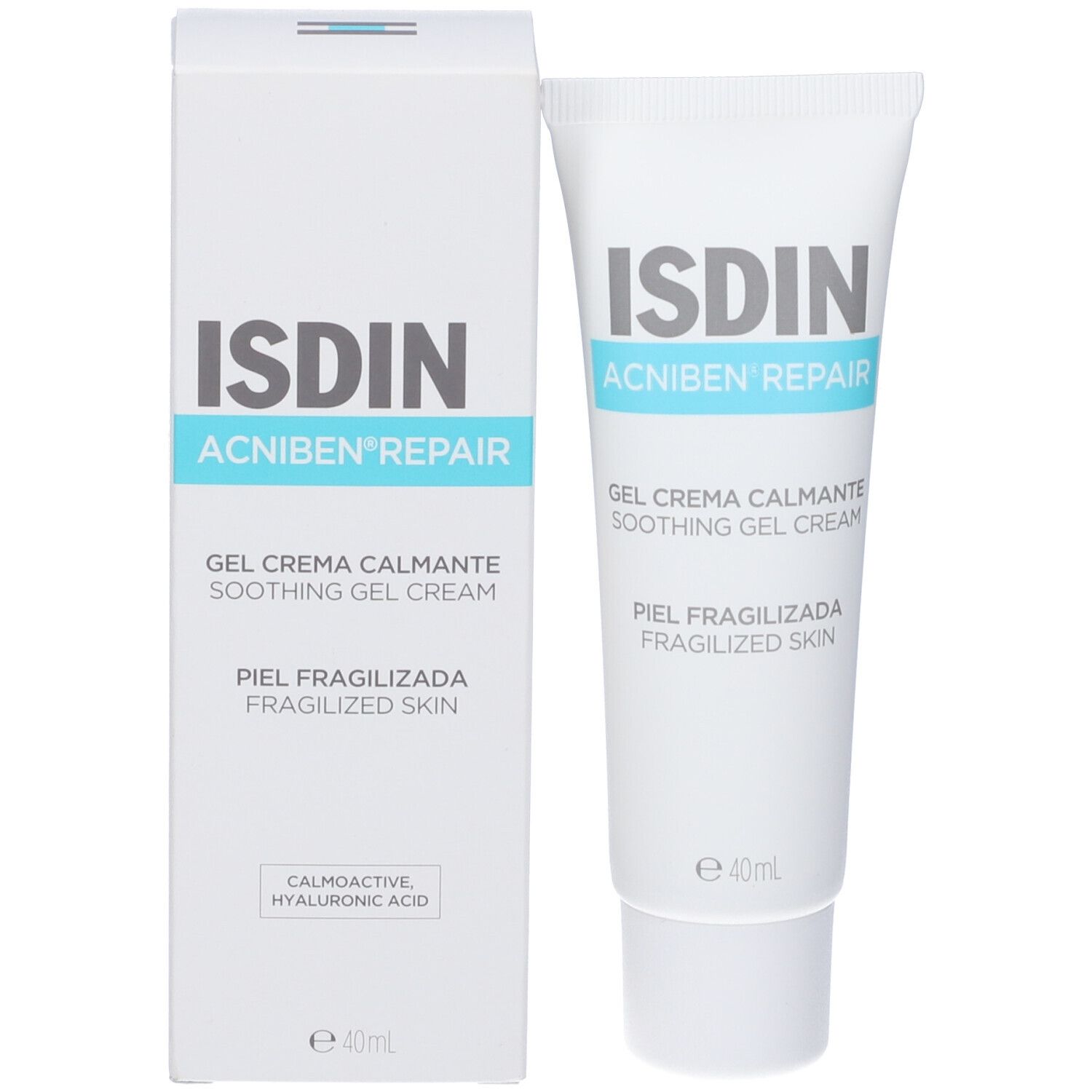 ISDIN Acniben Repair Tube und Verpackung. Text: Gel Crema Calmante, Soothing Gel Cream, Piel Fragilizada. Volumen: 40ml. Mit Hyaluronsäure.