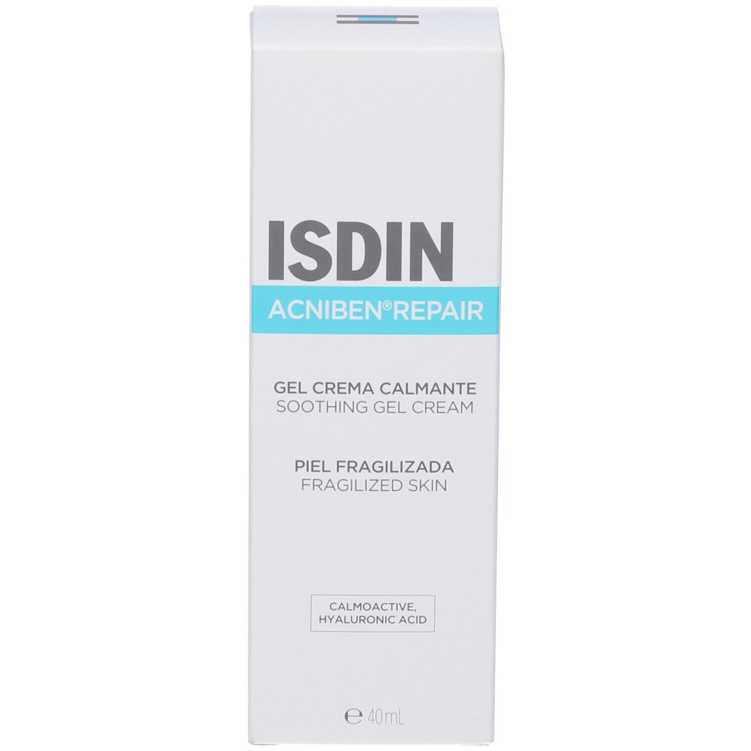 Verpackung von ISDIN Acniben Repair. Text: Gel Crema Calmante, Soothing Gel Cream, Piel Fragilizada. Volumen: 40ml. Mit Hyaluronsäure.