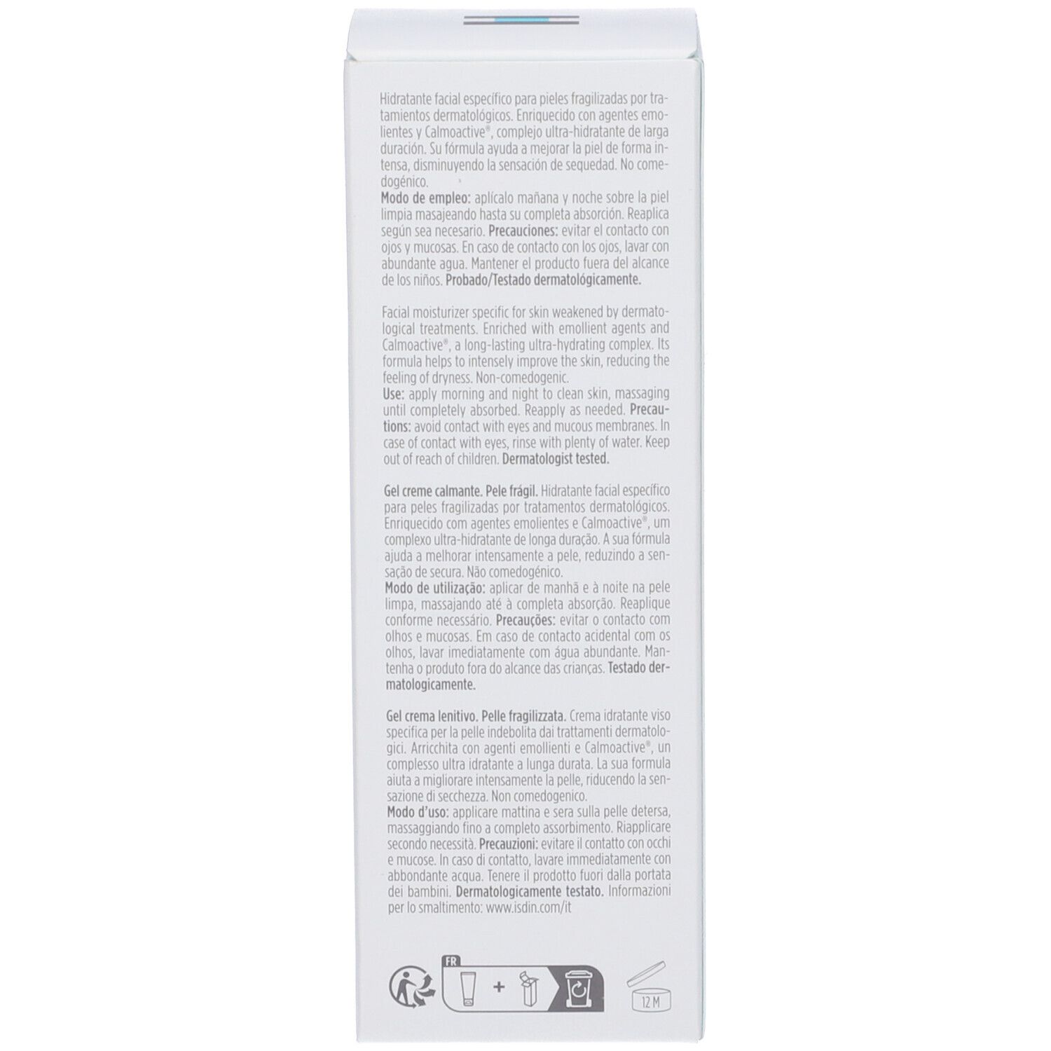 Seite der Verpackung von ISDIN Acniben Repair. Text in mehreren Sprachen. Enthält Informationen zur Anwendung.