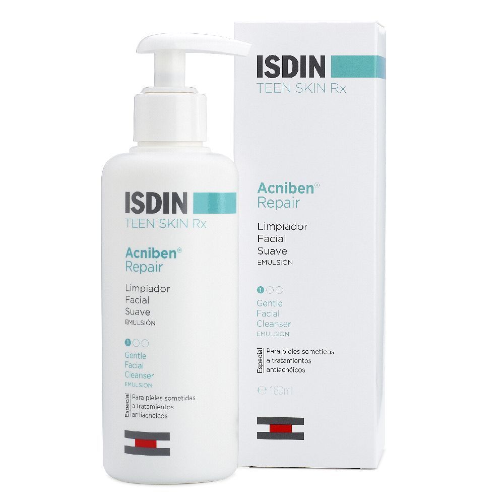 Flacone bianco con dosatore e scatola. Scritta: ISDIN, Acniben Repair, Gentle Facial Cleanser. Accento turchese.