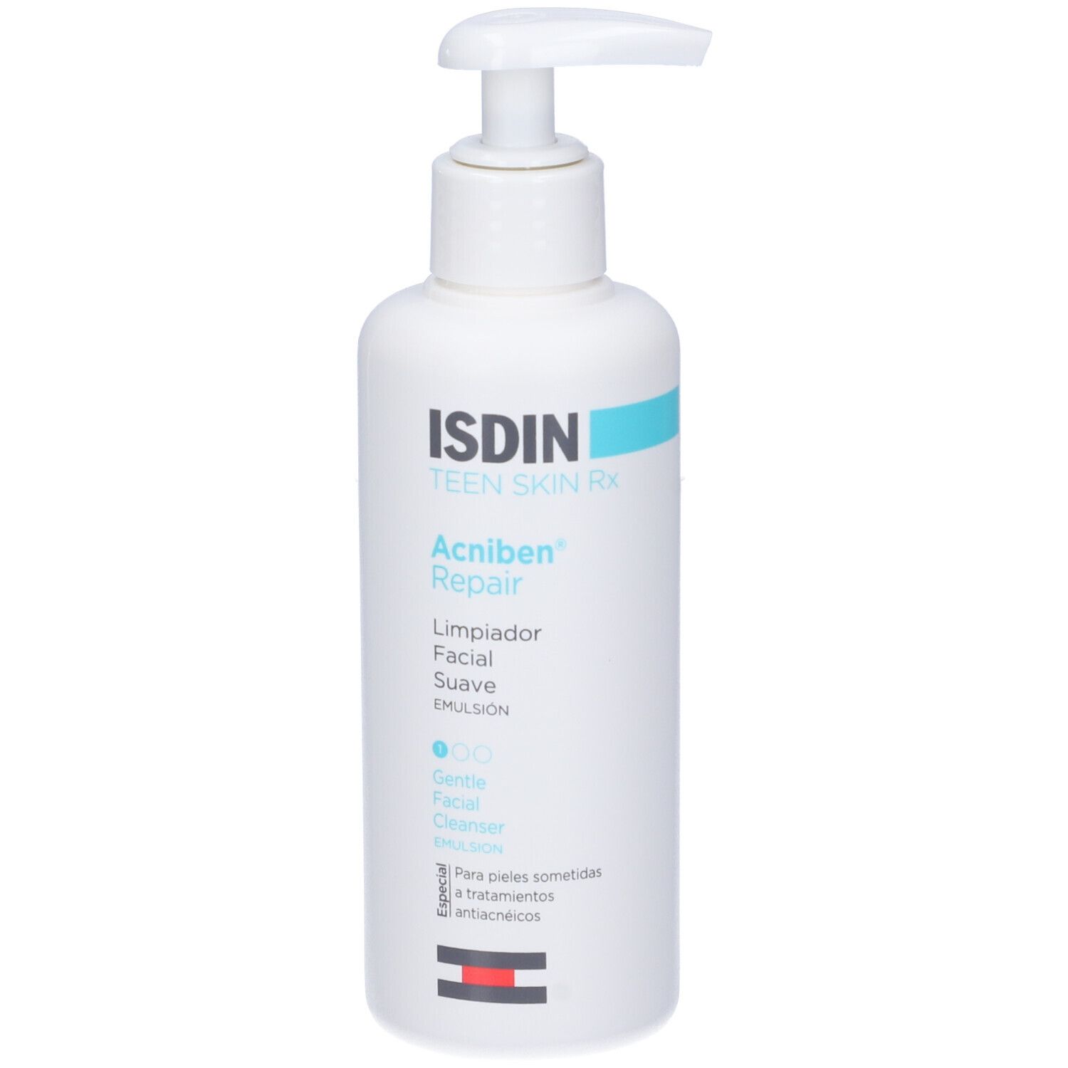Flacone bianco con dosatore. Scritta: ISDIN, Acniben Repair, Gentle Facial Cleanser. Accento turchese.