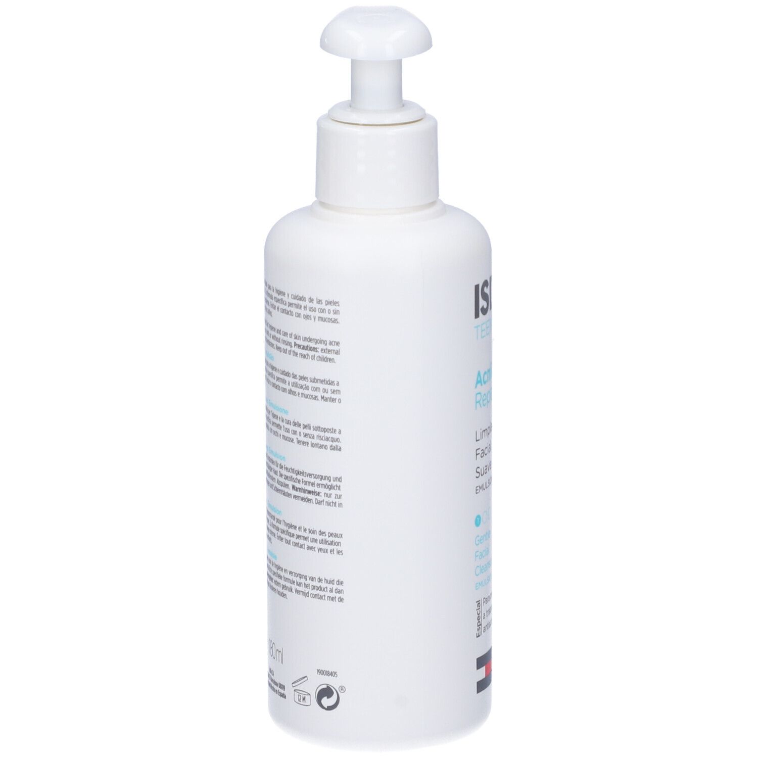 Flacone bianco con dosatore. Scritta: ISDIN, Acniben Repair, Gentle Facial Cleanser. Accento turchese.