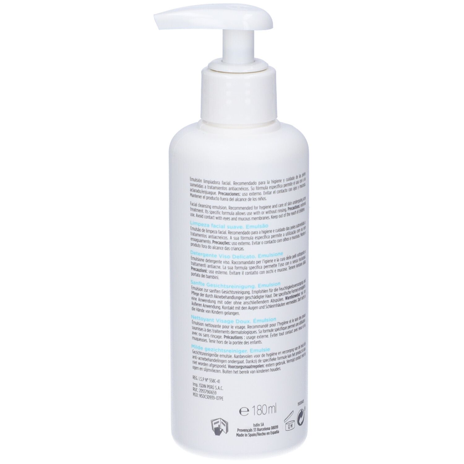 Flacone bianco con dosatore. Scritta: ISDIN, Acniben Repair, Gentle Facial Cleanser. Accento turchese.