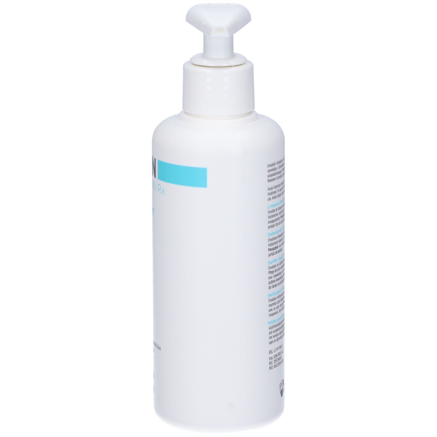 Flacone bianco con dosatore. Scritta: ISDIN, Acniben Repair, Gentle Facial Cleanser. Accento turchese.