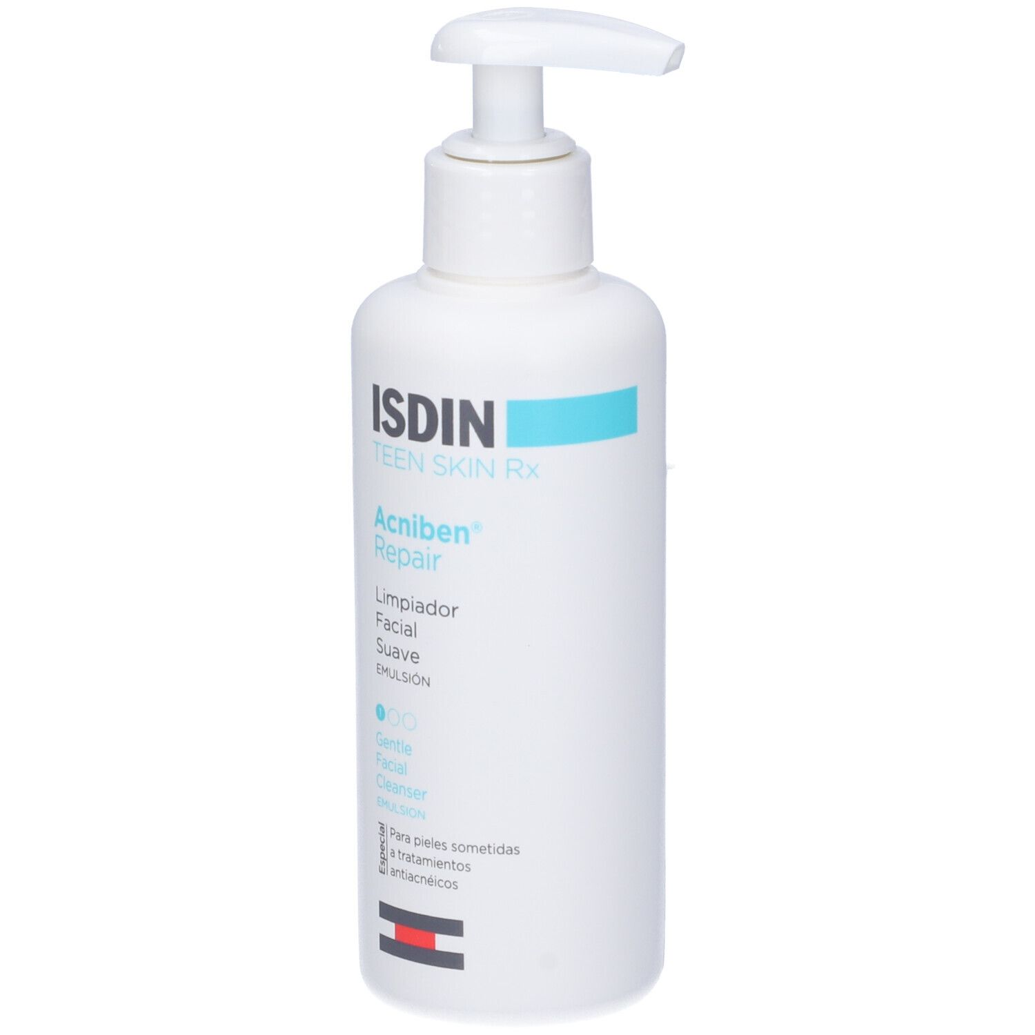 Flacone bianco con dosatore. Scritta: ISDIN, Acniben Repair, Gentle Facial Cleanser. Accento turchese.