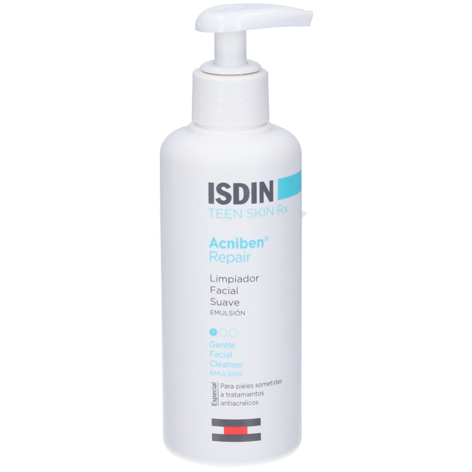 Flacone bianco con dosatore. Scritta: ISDIN, Acniben Repair, Gentle Facial Cleanser. Accento turchese.