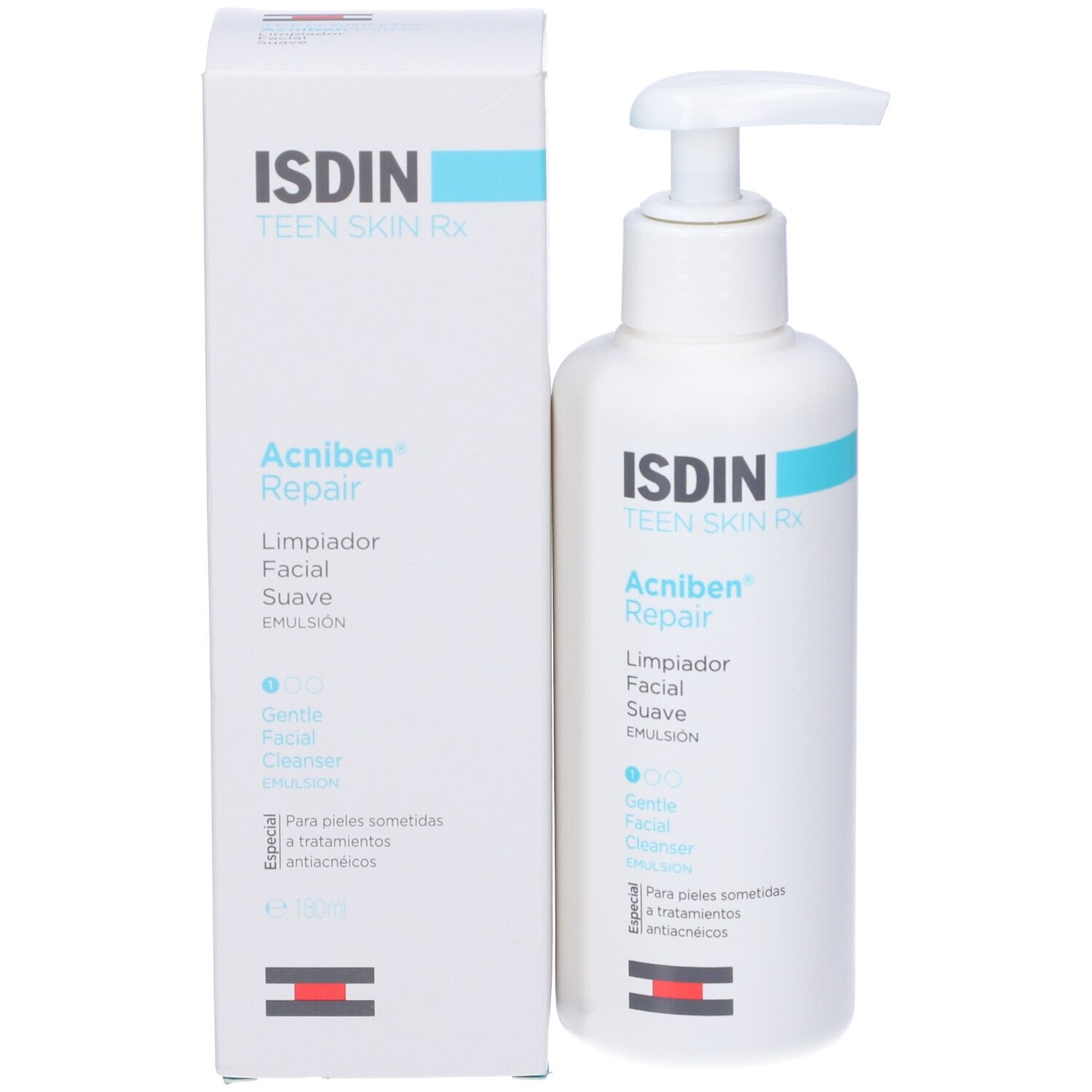 Flacone bianco con dosatore e scatola. Scritta: ISDIN, Acniben Repair, Gentle Facial Cleanser. Accento turchese.