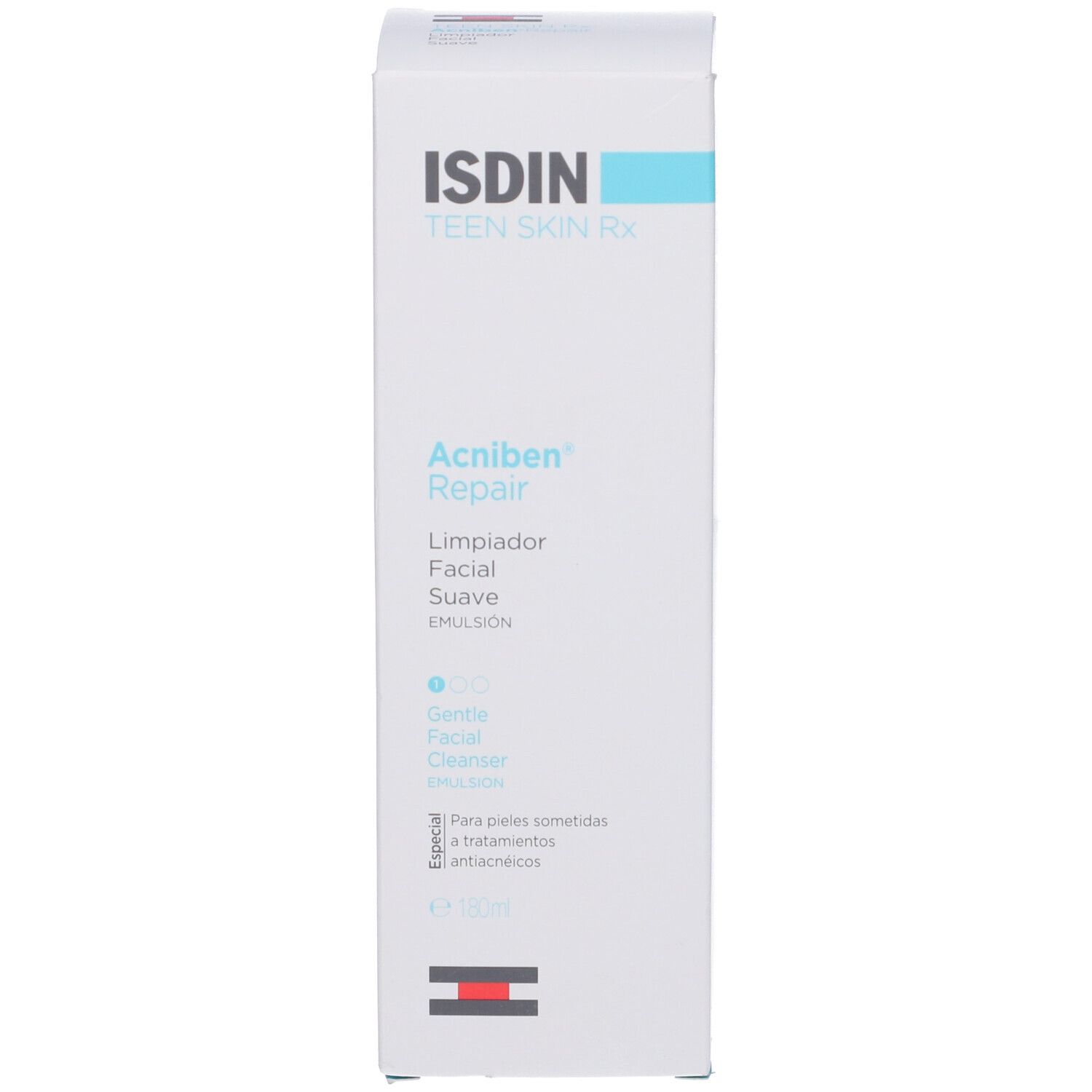 Scatola. Scritta: ISDIN, Acniben Repair, Gentle Facial Cleanser. Accento turchese.