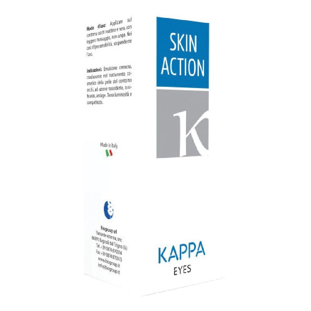 Confezione Skin Action Kappa Eyes. Bianca, testo blu e logo. Testo in italiano.