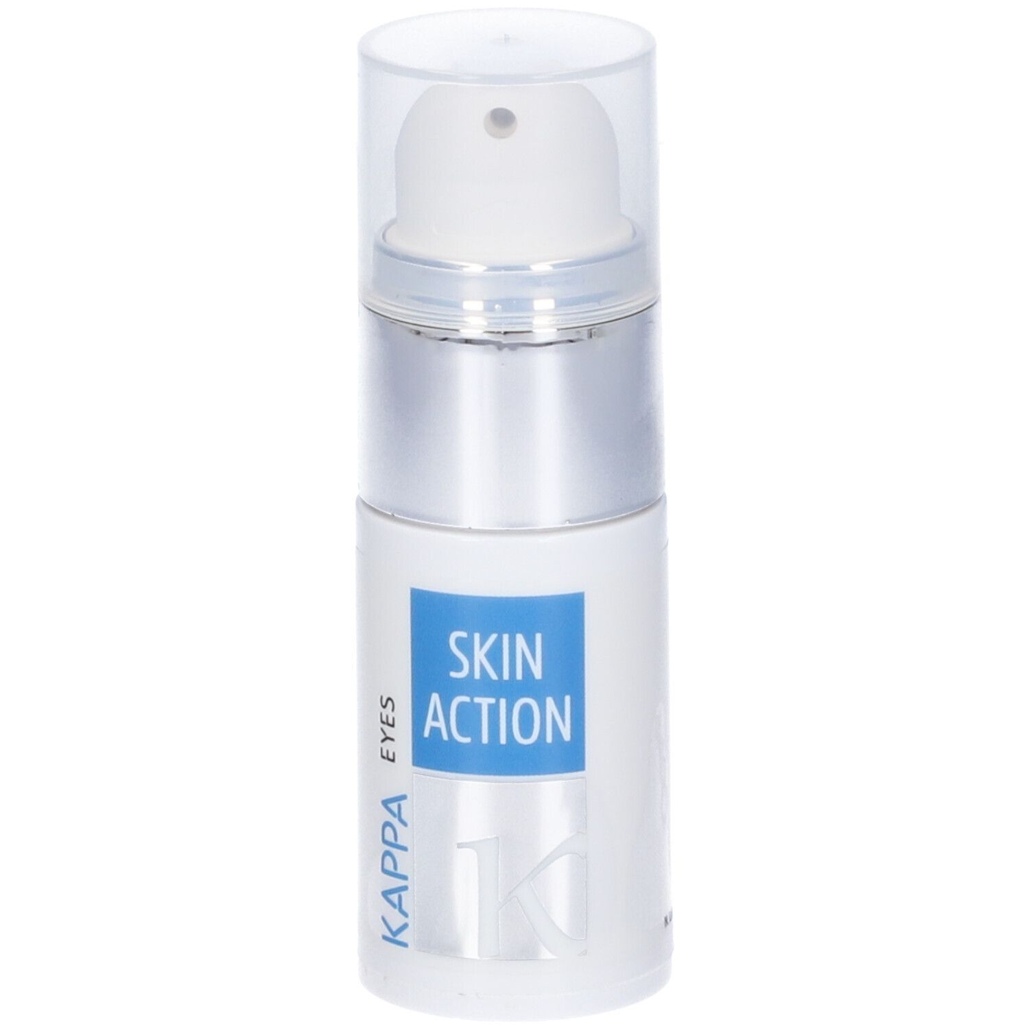 Flacone Skin Action Kappa Eyes. Bianco, tappo argento. Scritta blu.