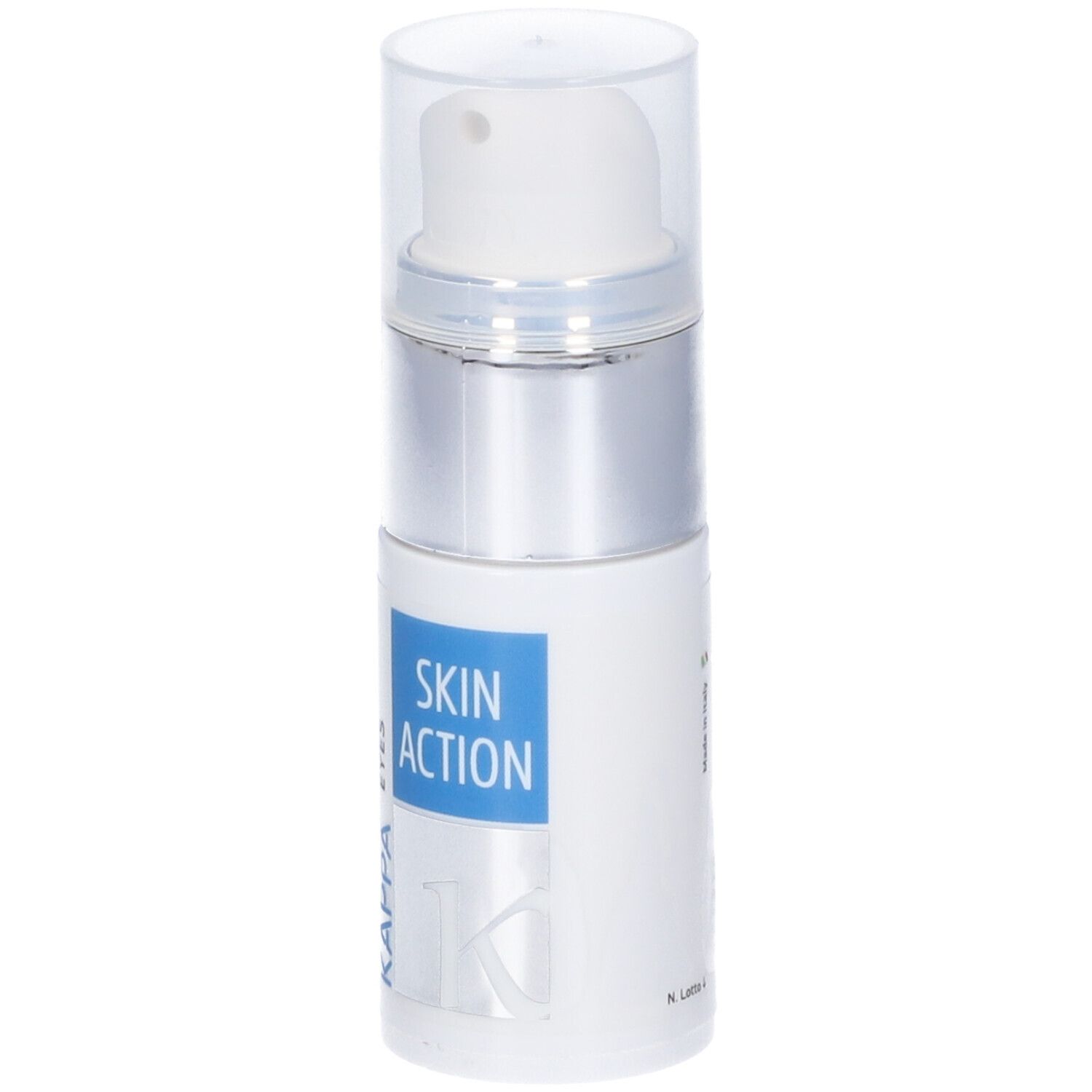 Flacone Skin Action Kappa Eyes. Bianco, tappo argento. Scritta blu. Testo in italiano.