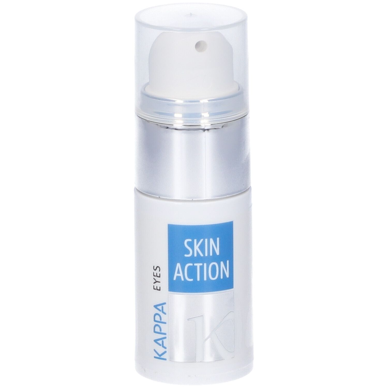 Flacone Skin Action Kappa Eyes. Bianco, tappo argento. Scritta blu.
