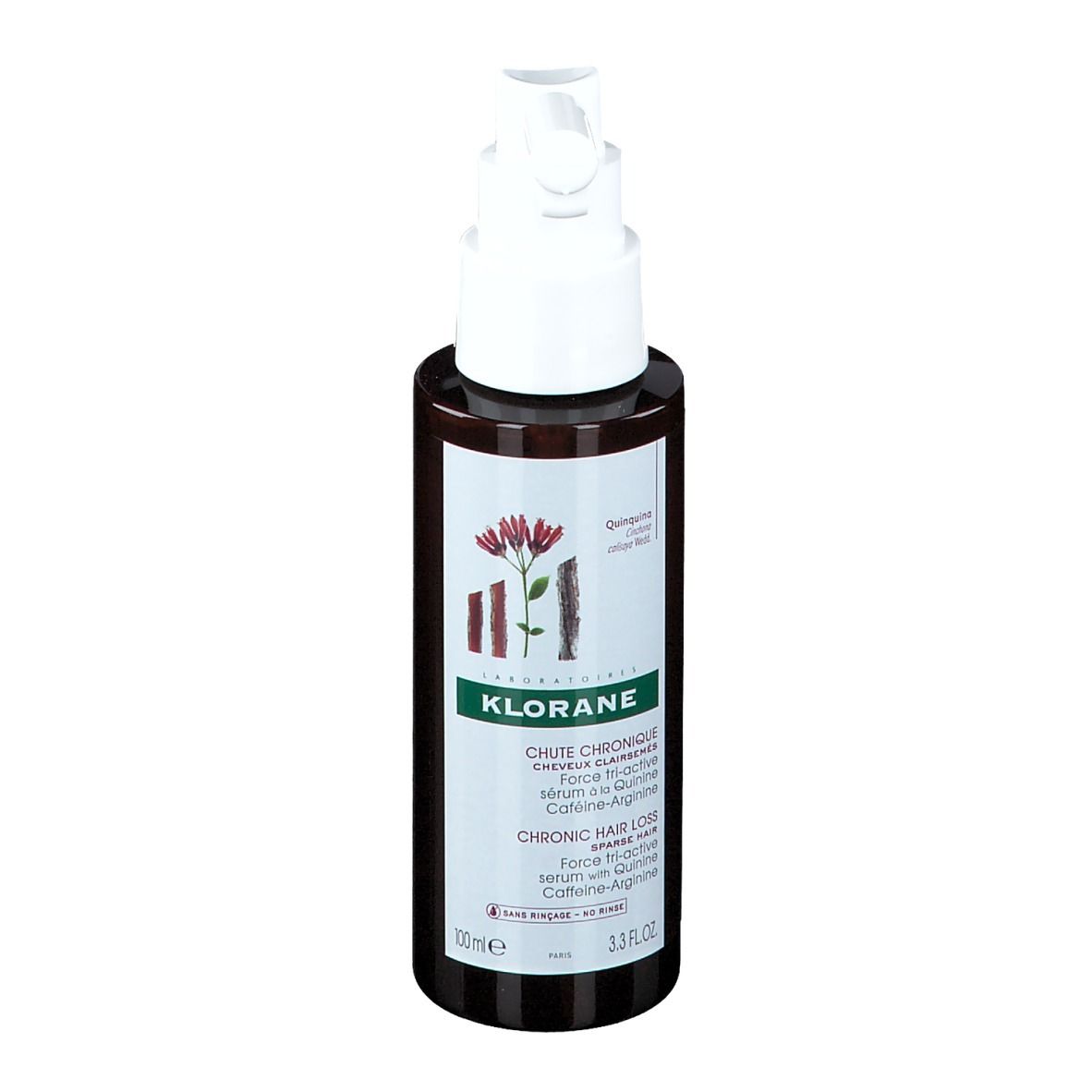 Braune Flasche mit weißem Pumpkopf. Aufschrift: Klorane, Chute Chronique, Chronic Hair Loss. Enthält Koffein-Arginin. 100ml.