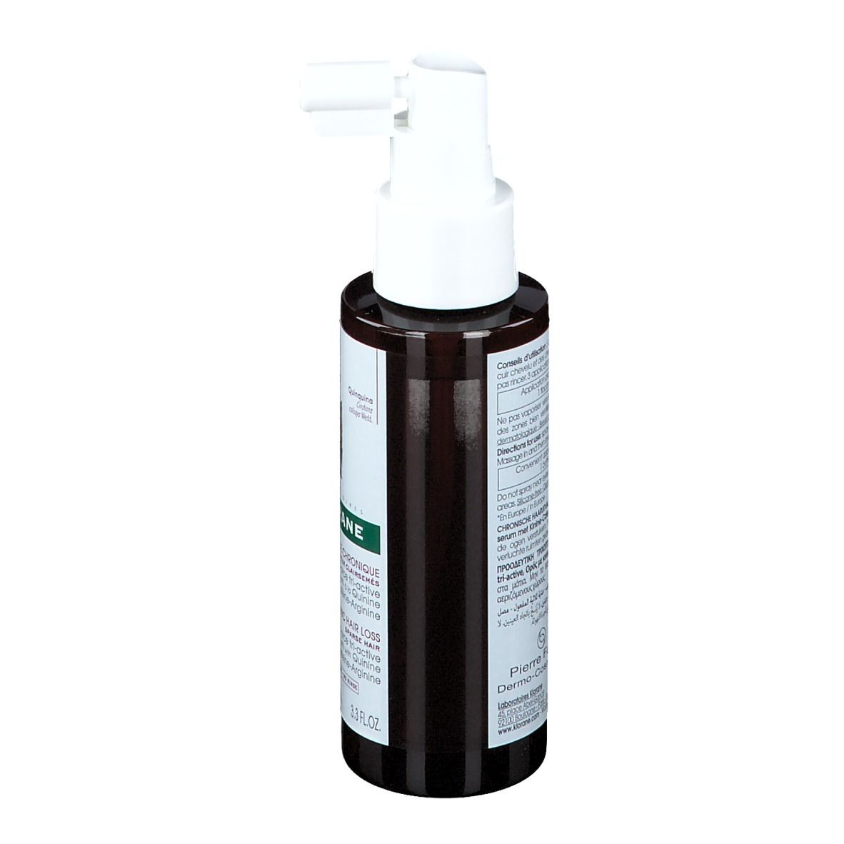 Rückseite der Flasche. Aufschrift: Klorane, Chute Chronique, Chronic Hair Loss. Inhaltsstoffe, Anwendungshinweise.