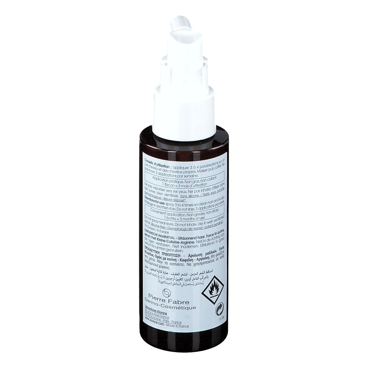 Rückseite der Flasche. Aufschrift: Klorane, Chute Chronique, Chronic Hair Loss. Inhaltsstoffe, Anwendungshinweise.