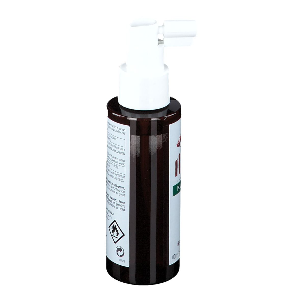 Rückseite der Flasche. Aufschrift: Klorane, Chute Chronique, Chronic Hair Loss. Inhaltsstoffe, Anwendungshinweise.