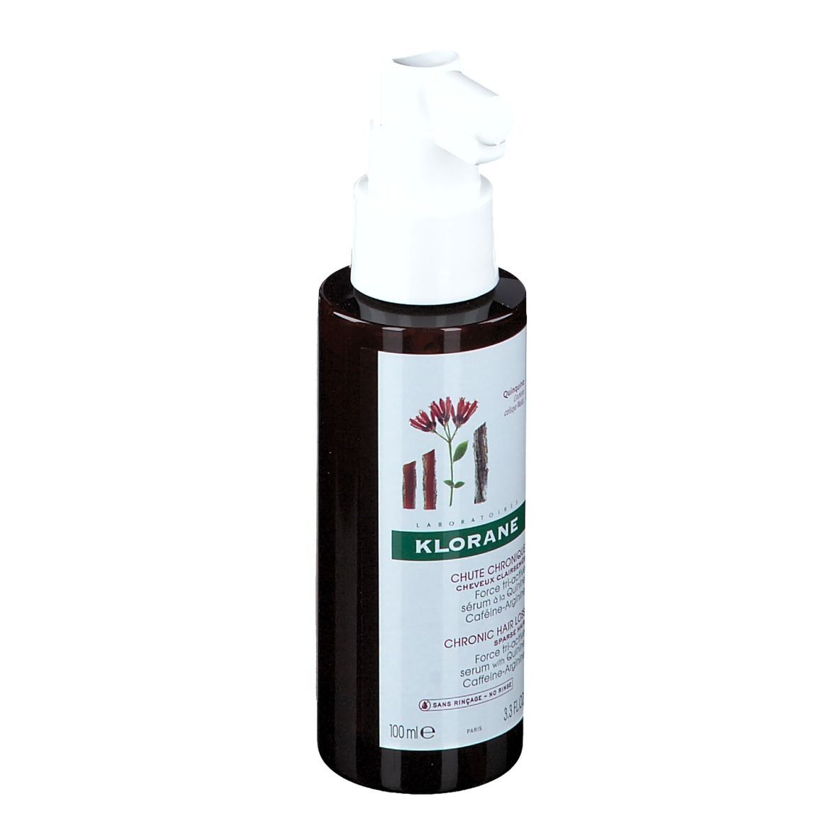 Braune Flasche mit weißem Pumpkopf. Aufschrift: Klorane, Chute Chronique, Chronic Hair Loss. Enthält Koffein-Arginin. 100ml.