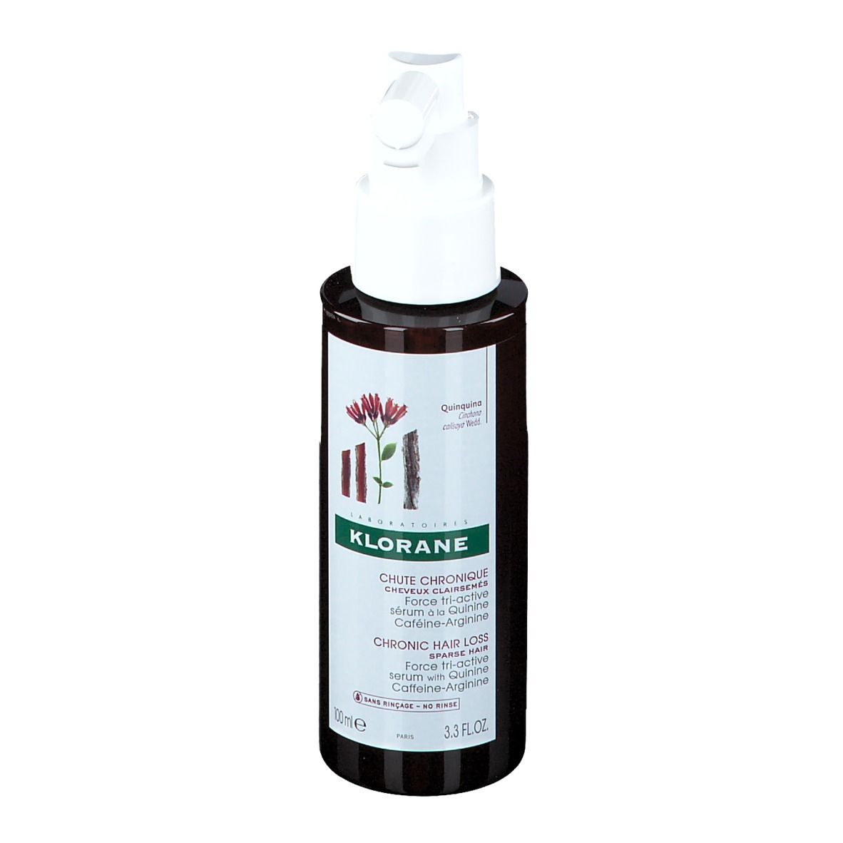 Braune Flasche mit weißem Pumpkopf. Aufschrift: Klorane, Chute Chronique, Chronic Hair Loss. Enthält Koffein-Arginin. 100ml.