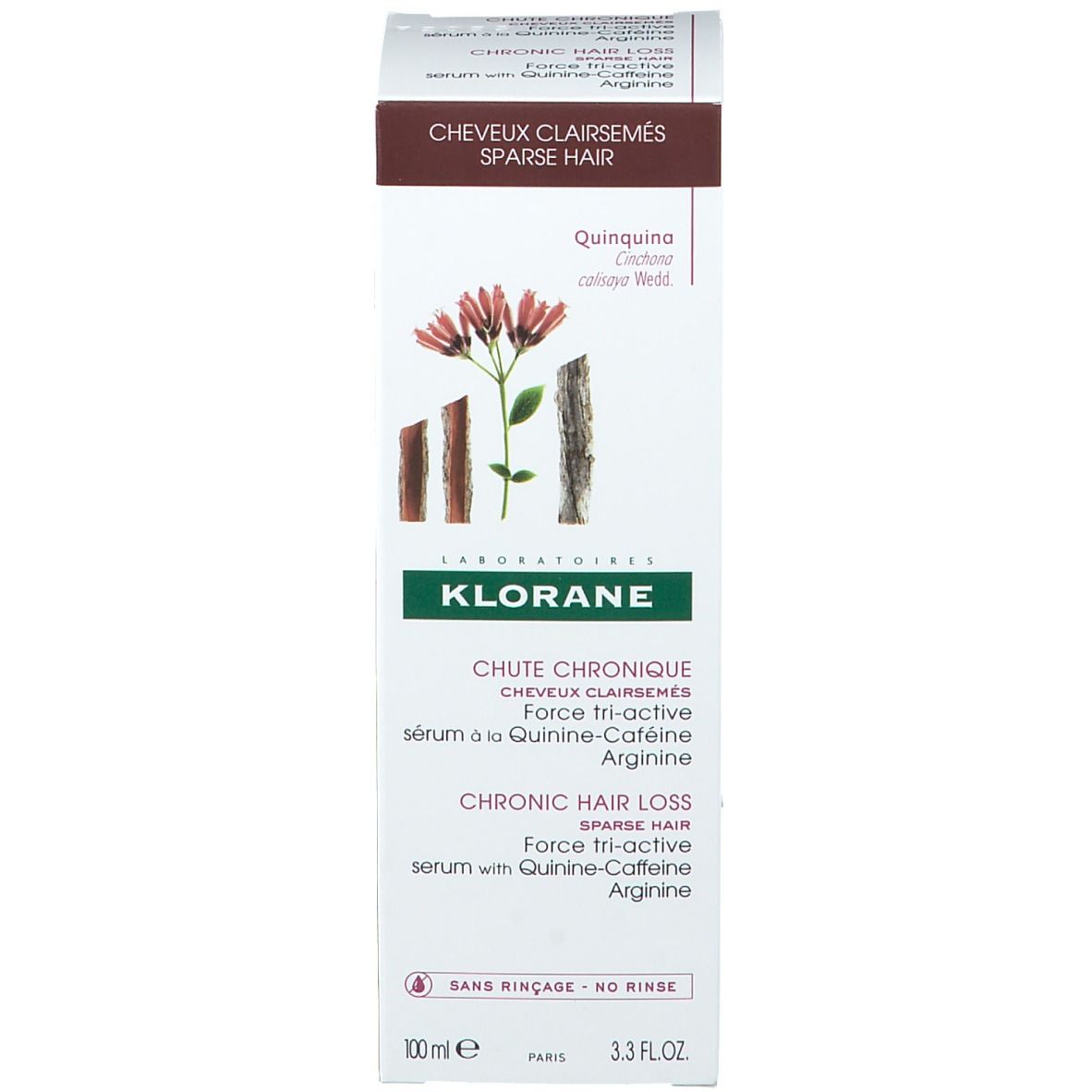 Verpackung. Aufschrift: Cheveux Clairsemés, Klorane, Chute Chronique, Chronic Hair Loss. Enthält Koffein-Arginin. 100ml.