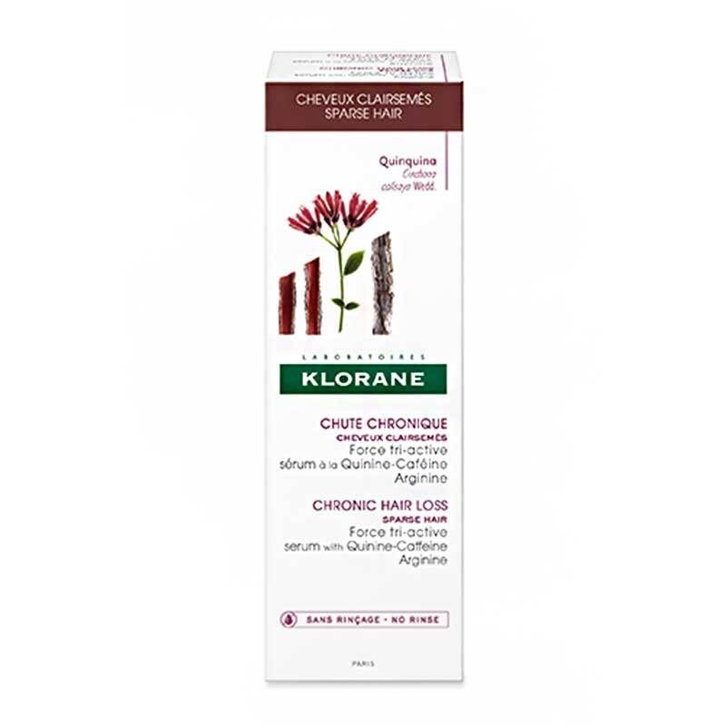 Verpackung mit Produkt. Aufschrift: Cheveux Clairsemés, Klorane, Chute Chronique, Chronic Hair Loss. Enthält Koffein-Arginin.