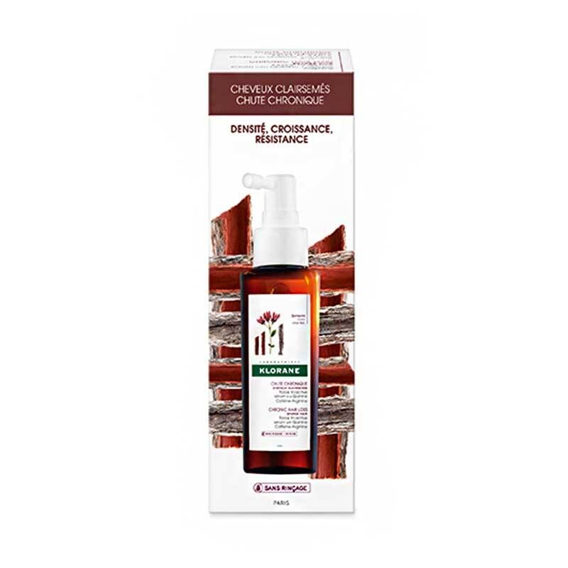 Produkt in Verpackung. Aufschrift: Cheveux Clairsemés, Klorane, Chute Chronique, Chronic Hair Loss. Enthält Koffein-Arginin.