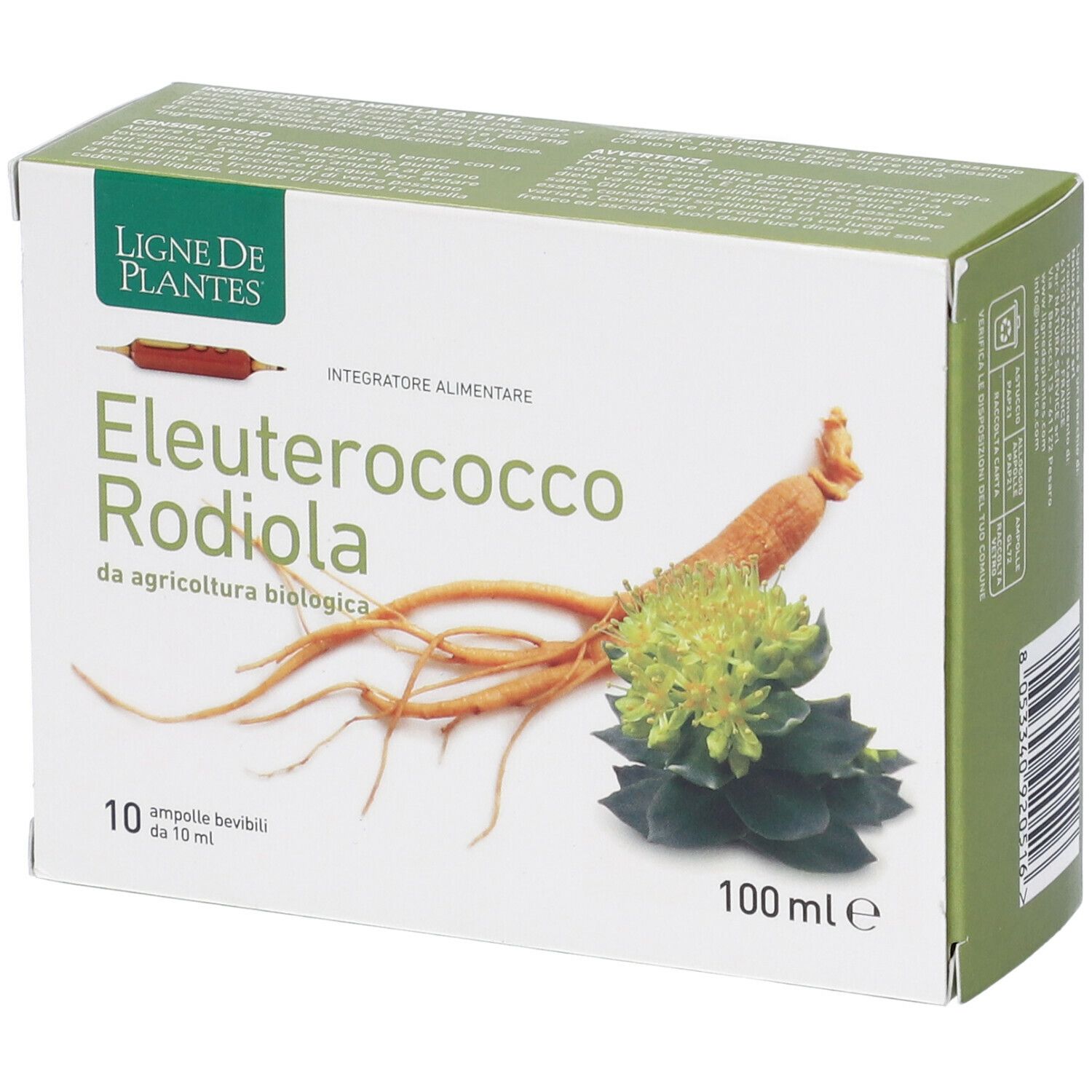 Confezione di Eleuterococco Rodiola Bio. Scritta: 10 fiale, 100 ml. Immagine di radici e foglie.
