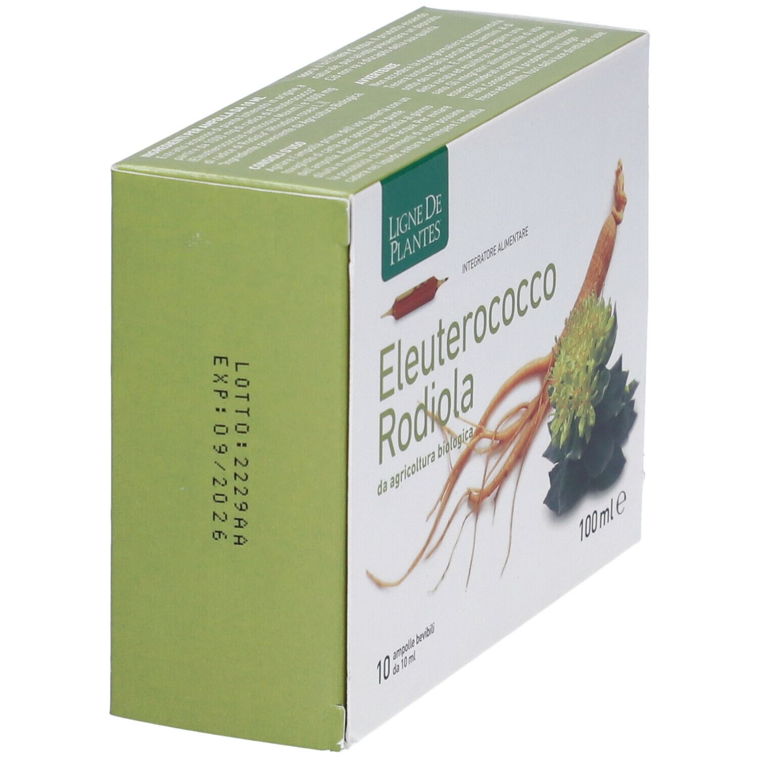 Confezione di Eleuterococco Rodiola Bio. Scritta: 10 fiale, 100 ml. Con data di scadenza.