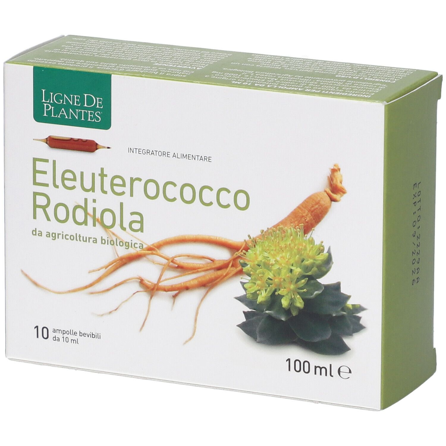 Confezione di Eleuterococco Rodiola Bio. Scritta: 10 fiale, 100 ml. Immagine di radici e foglie.
