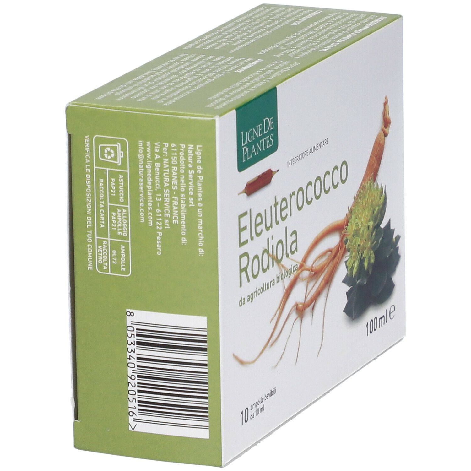 Confezione di Eleuterococco Rodiola Bio. Scritta: 10 fiale, 100 ml. Con simboli di riciclaggio.