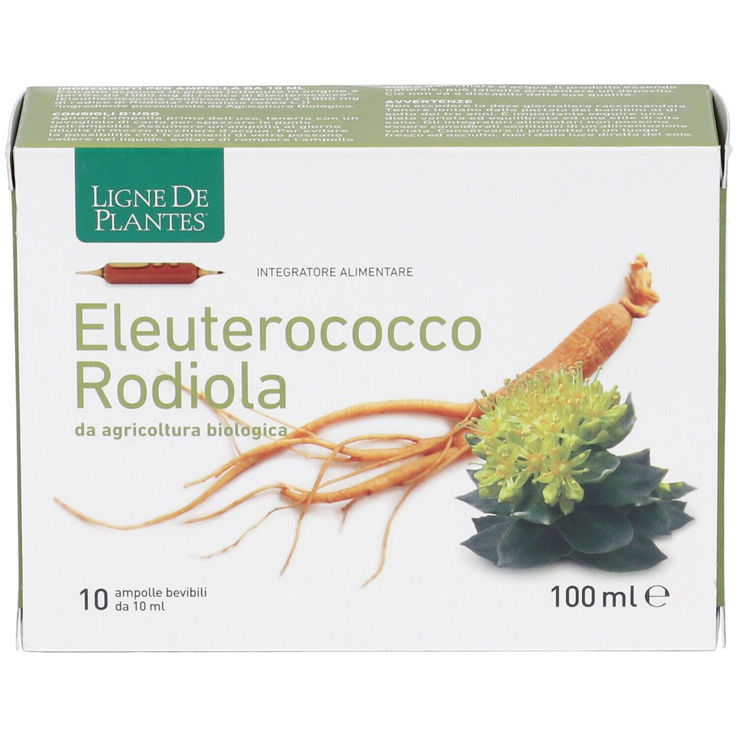 Confezione di Eleuterococco Rodiola Bio. Scritta: 10 fiale, 100 ml. Immagine di radici e foglie.