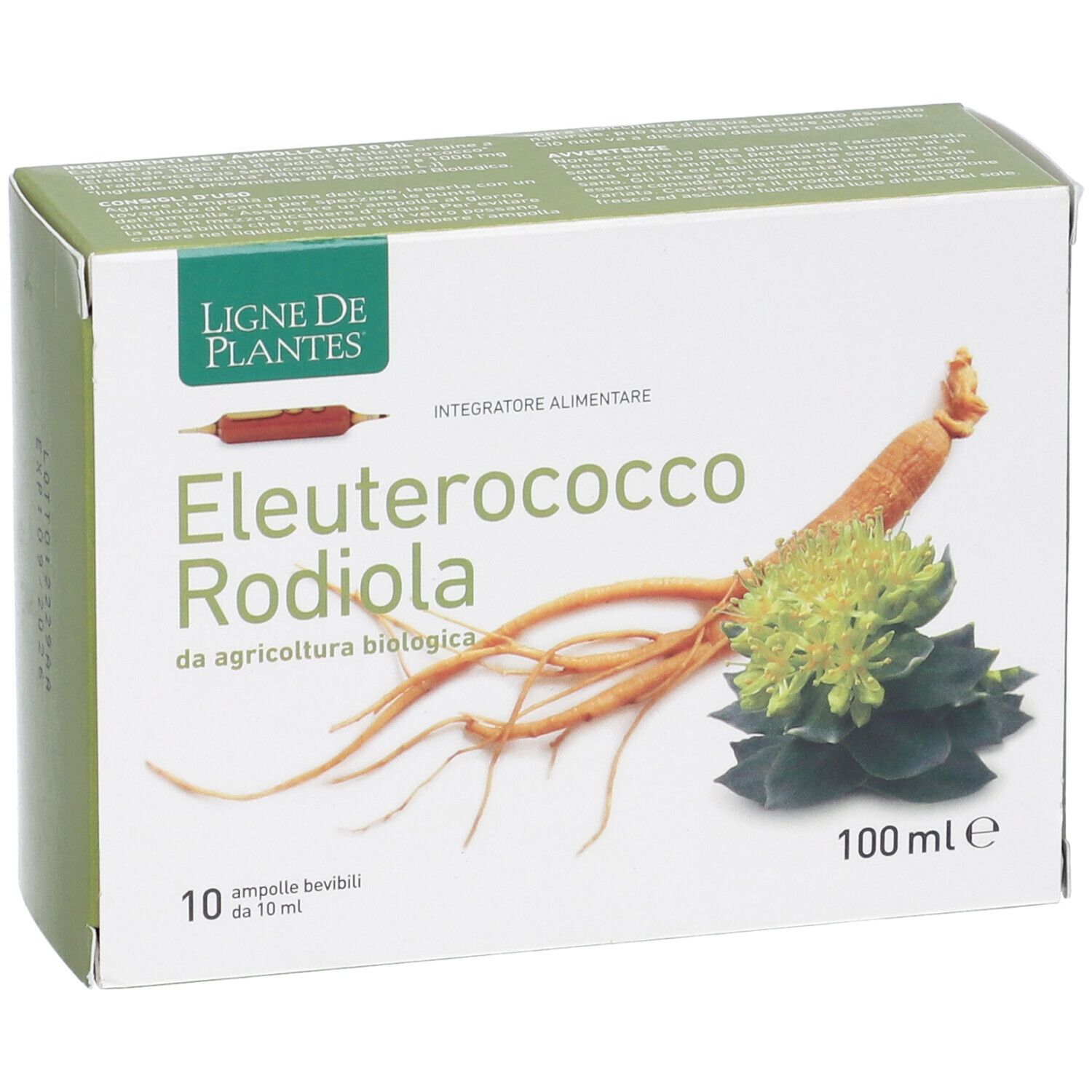 Confezione di Eleuterococco Rodiola Bio. Scritta: 10 fiale, 100 ml. Immagine di radici e foglie.
