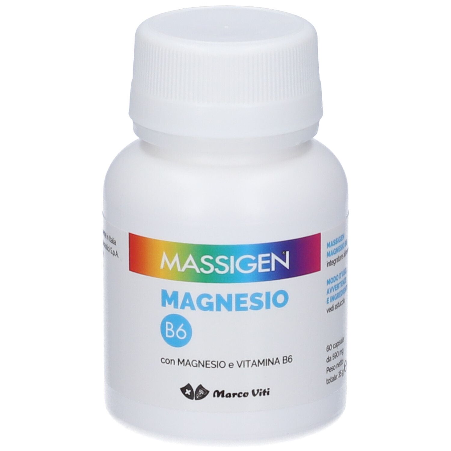 Weiße Flasche mit MASSIGEN Magnesium B6. Aufschrift: Magnesio B6, mit Magnesium und Vitamin B6. Marke Marco Viti.