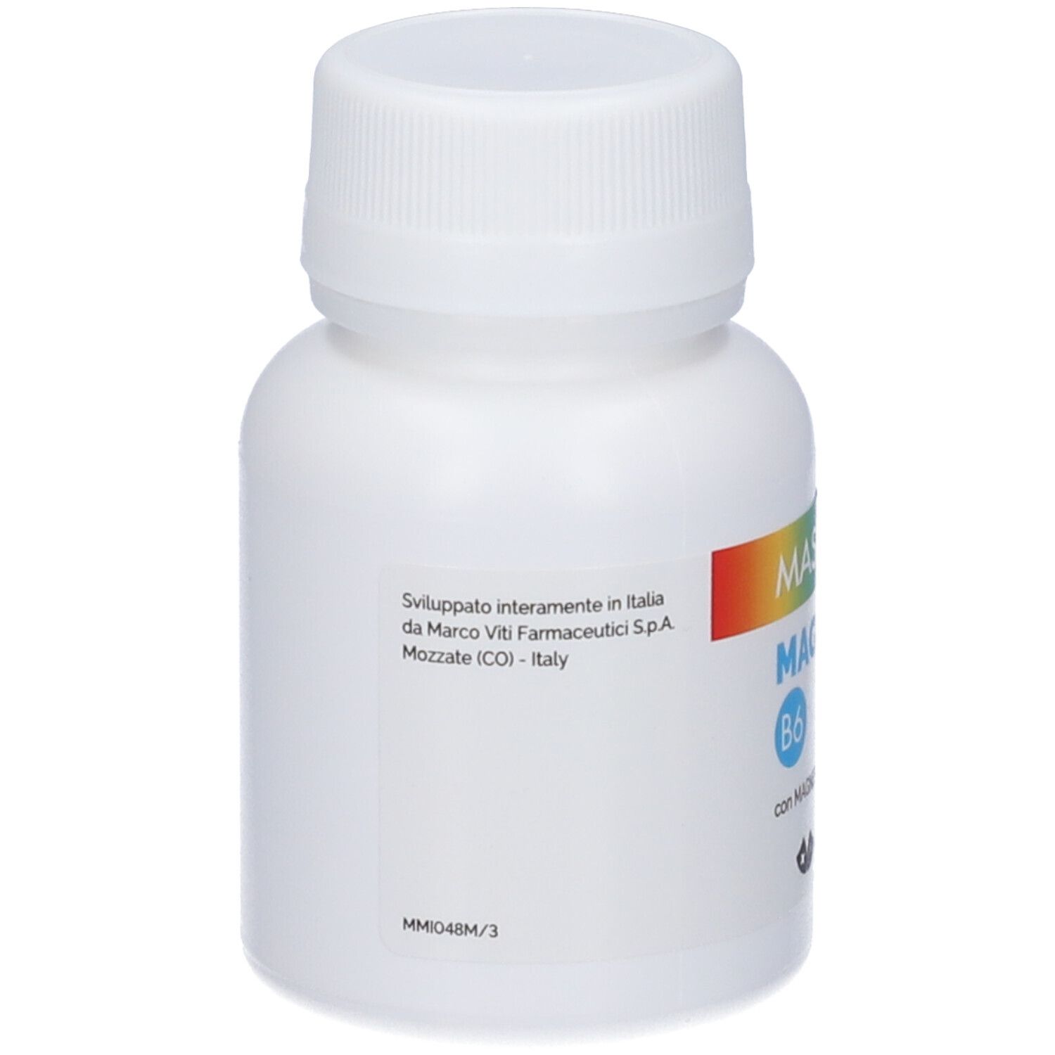 Rückseite einer weißen Flasche. Aufschrift: MASSIGEN Magnesio B6. Hergestellt in Italien von Marco Viti Farmaceutici S.p.A.