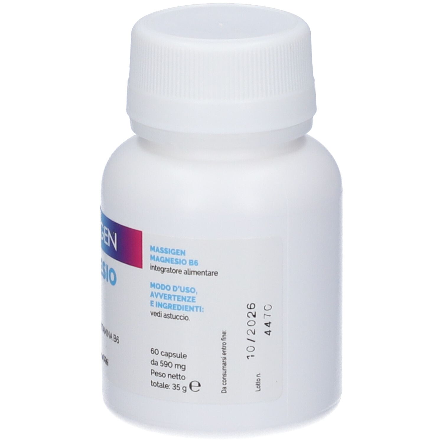Weiße Flasche mit MASSIGEN Magnesium B6. Aufschrift: 60 Kapseln, 590 mg, 35 g. Verfallsdatum: 10/2026.