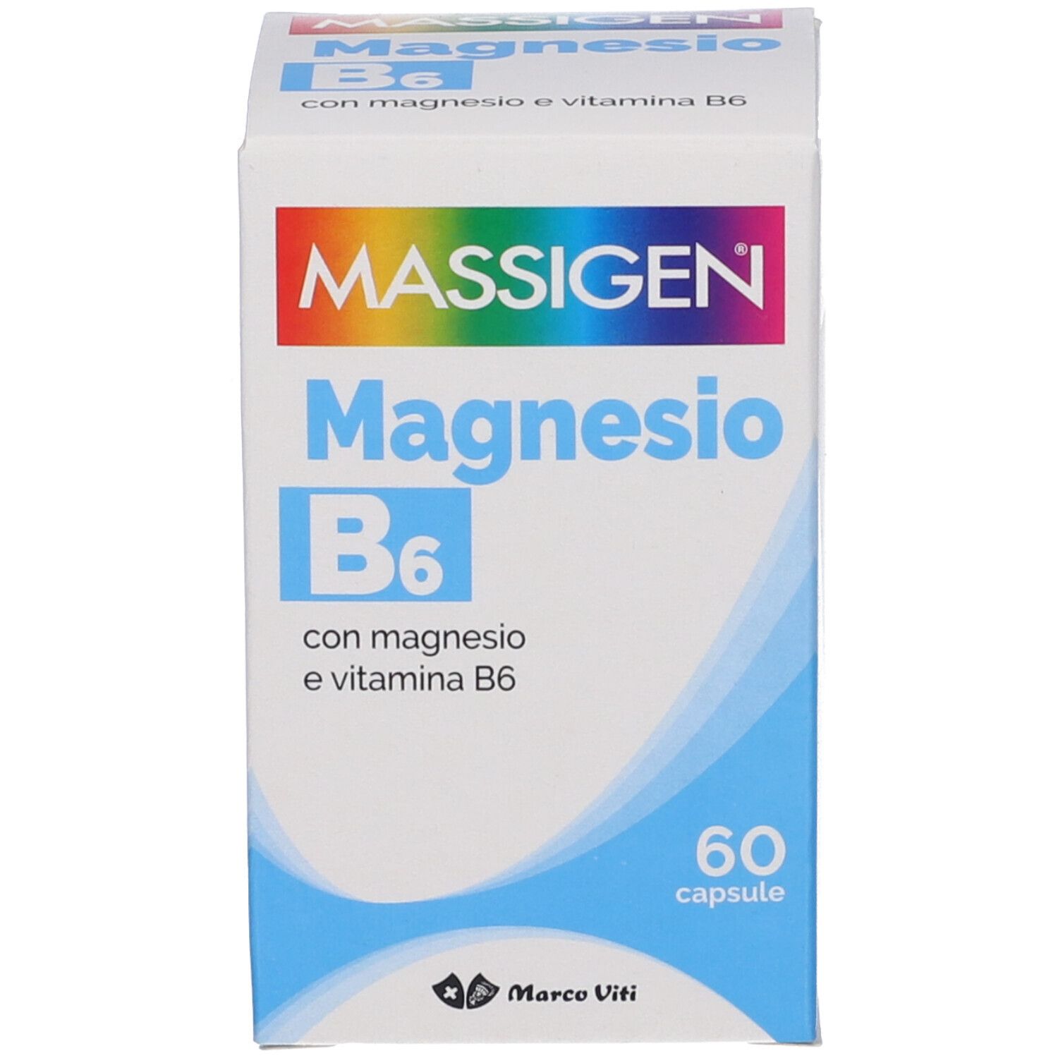 Schachtel mit MASSIGEN Magnesium B6. Aufschrift: 60 Kapseln, mit Magnesium und Vitamin B6.