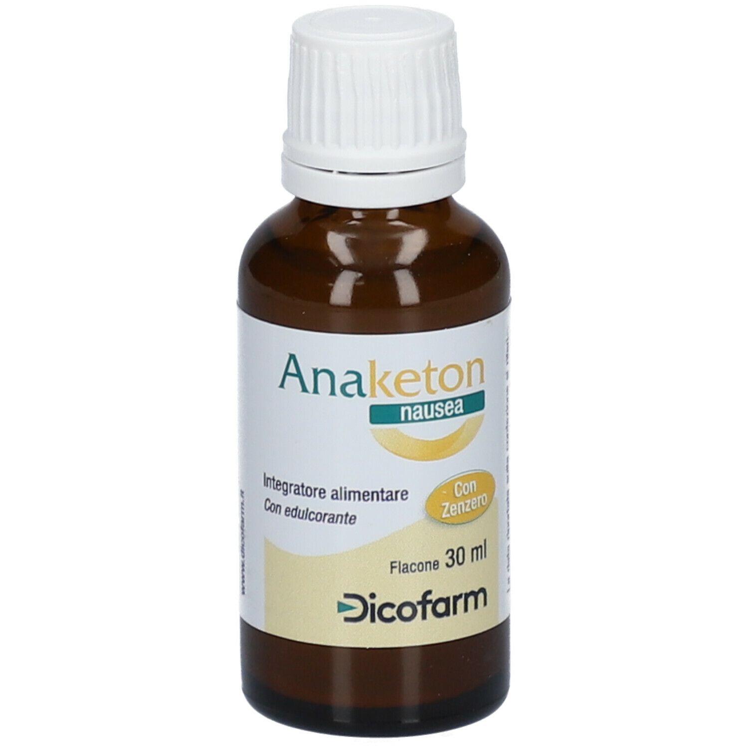 Flacone di vetro marrone con tappo bianco. Nome del prodotto e testo sull'etichetta. Flacone da 30 ml.