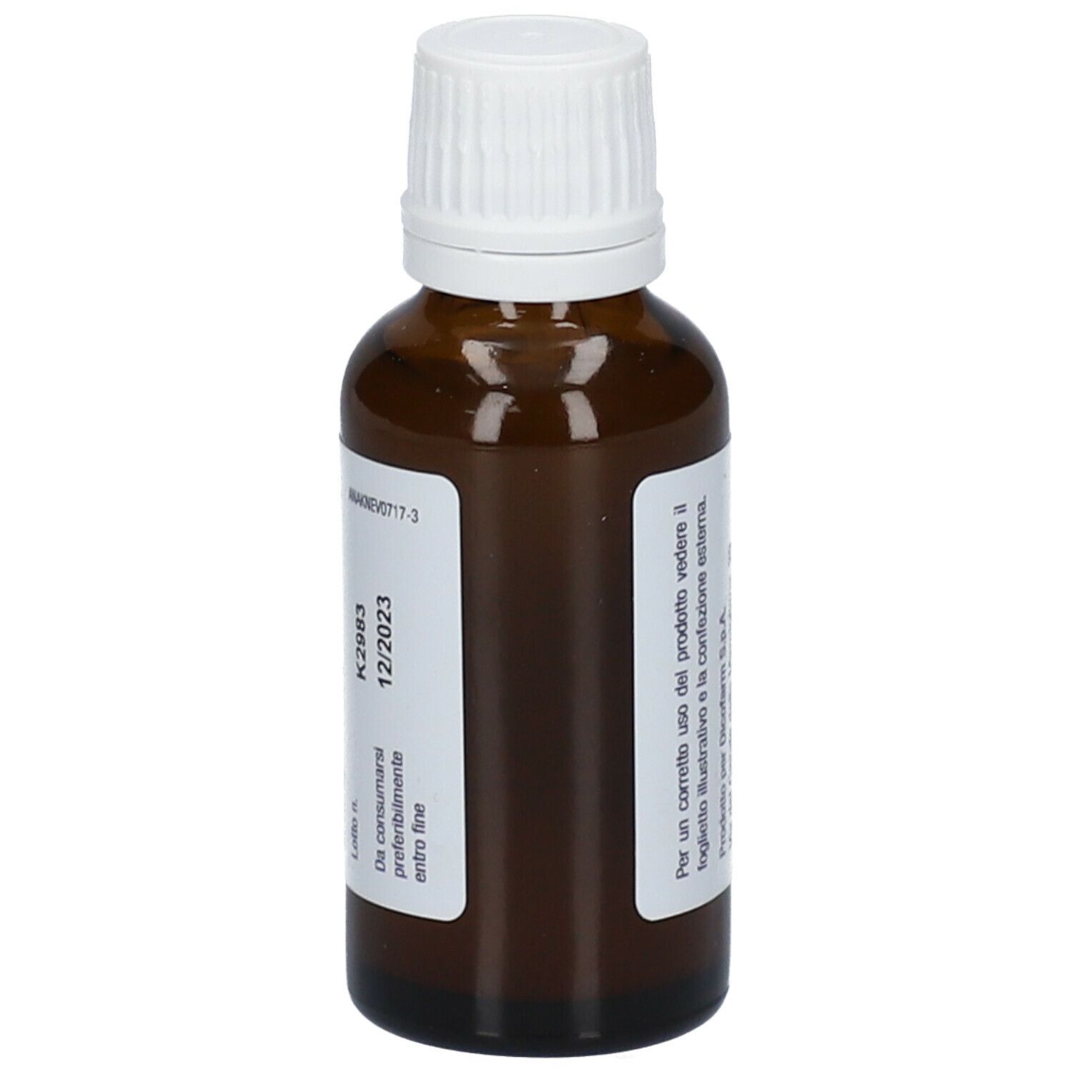 Flacone di vetro marrone con tappo bianco. Etichetta con testo e data di scadenza. Flacone da 30 ml.