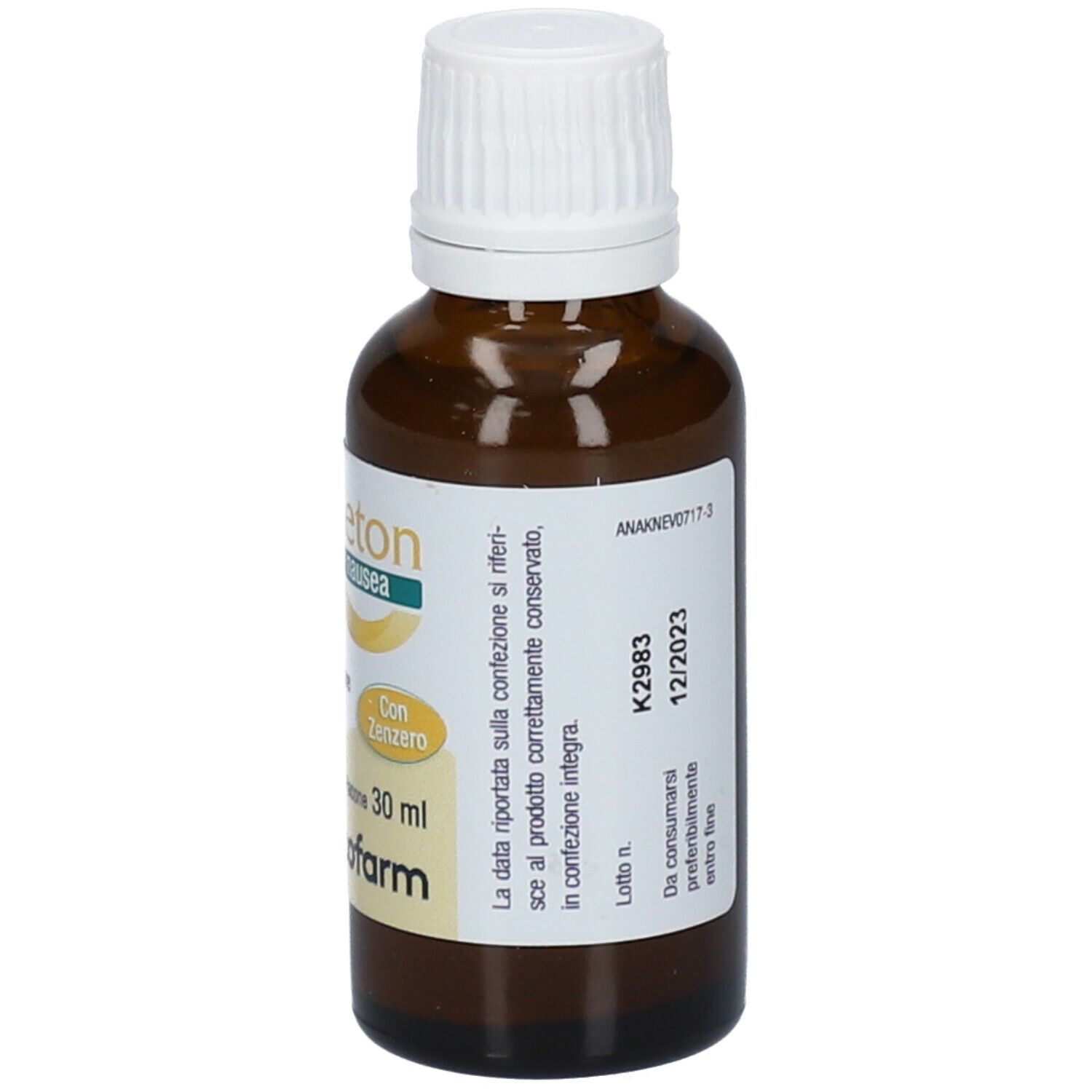 Flacone di vetro marrone con tappo bianco. Etichetta con testo e data di scadenza. Flacone da 30 ml.