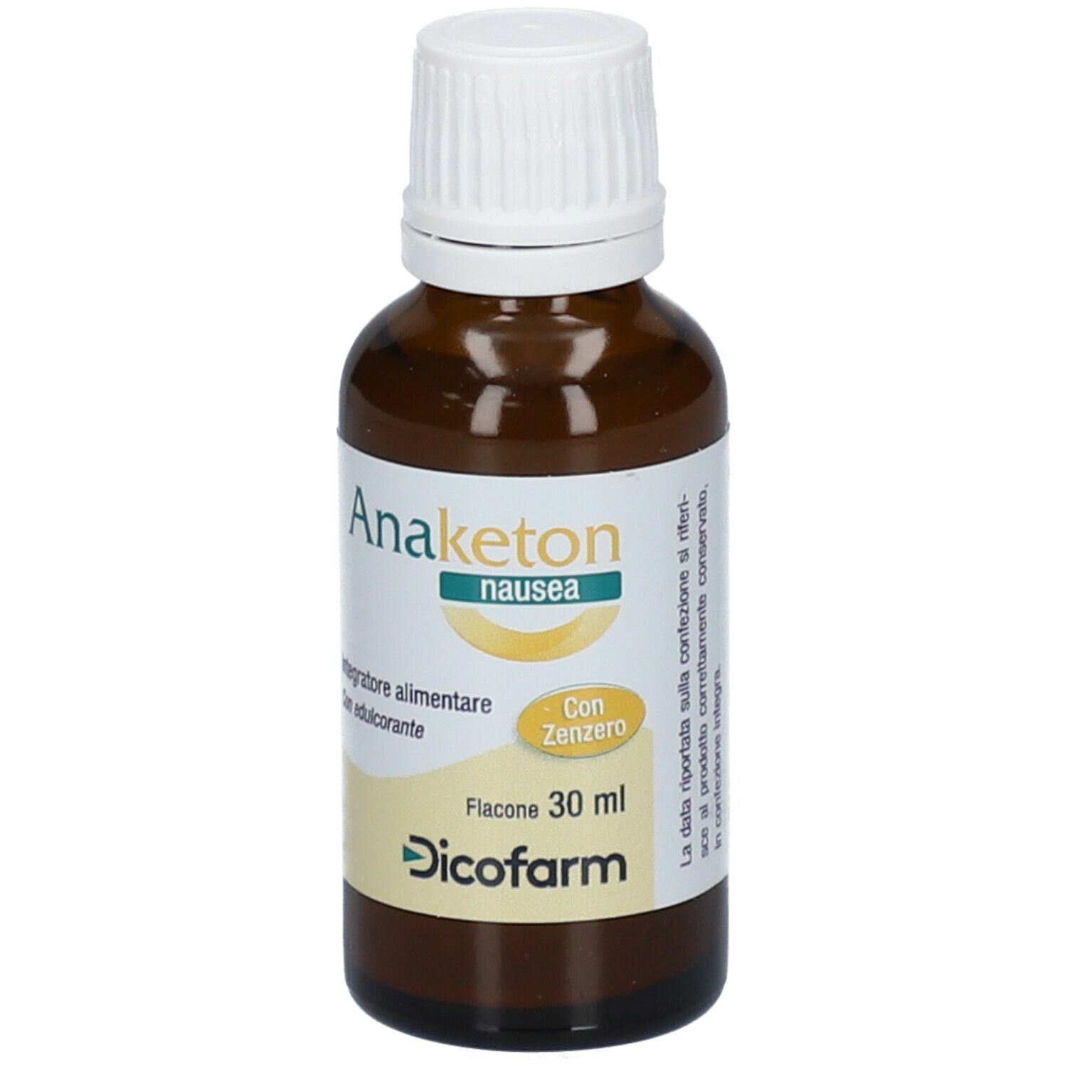 Flacone di vetro marrone con tappo bianco. Etichetta con nome del prodotto e testo. Flacone da 30 ml.