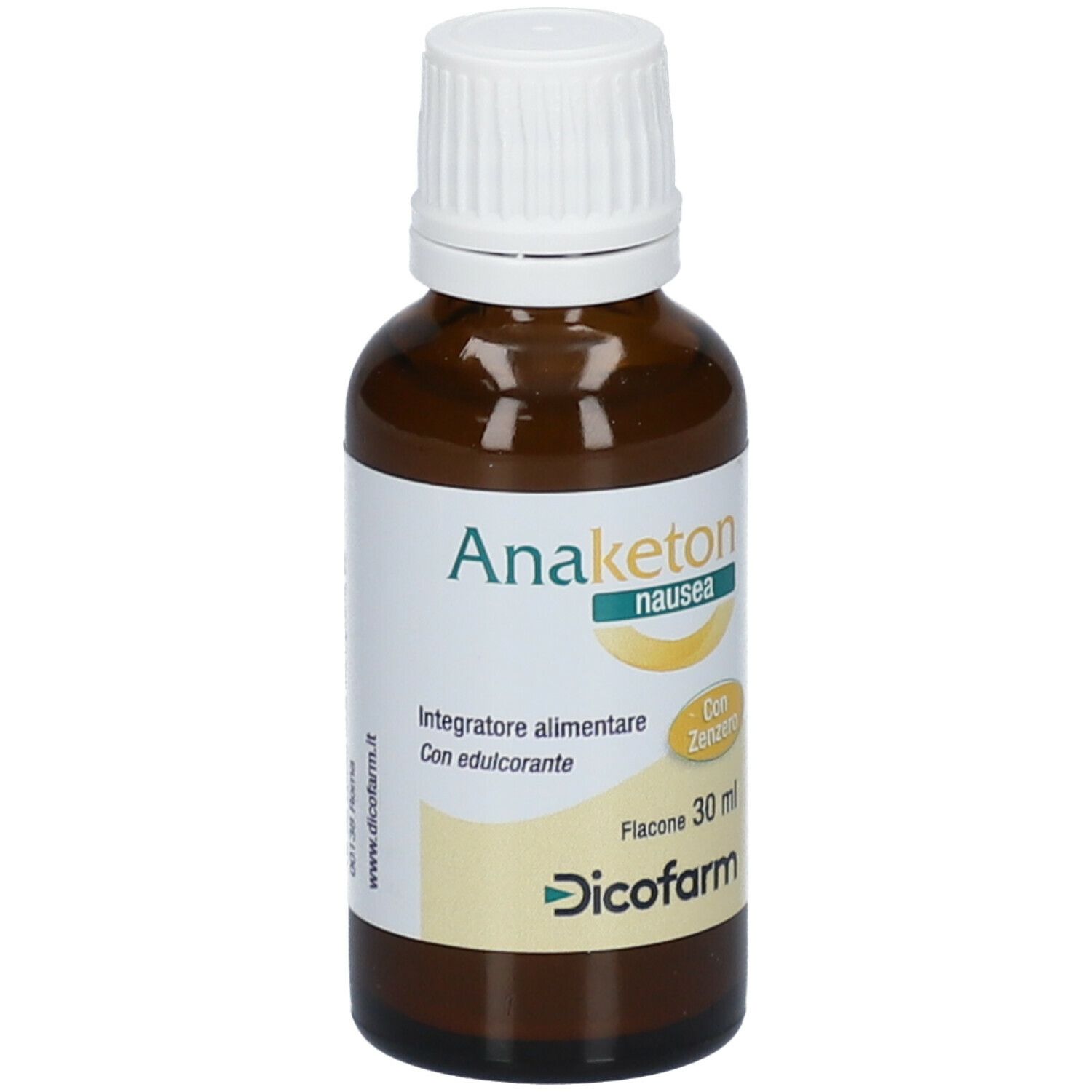 Flacone di vetro marrone con tappo bianco. Etichetta con nome del prodotto e testo. Flacone da 30 ml.