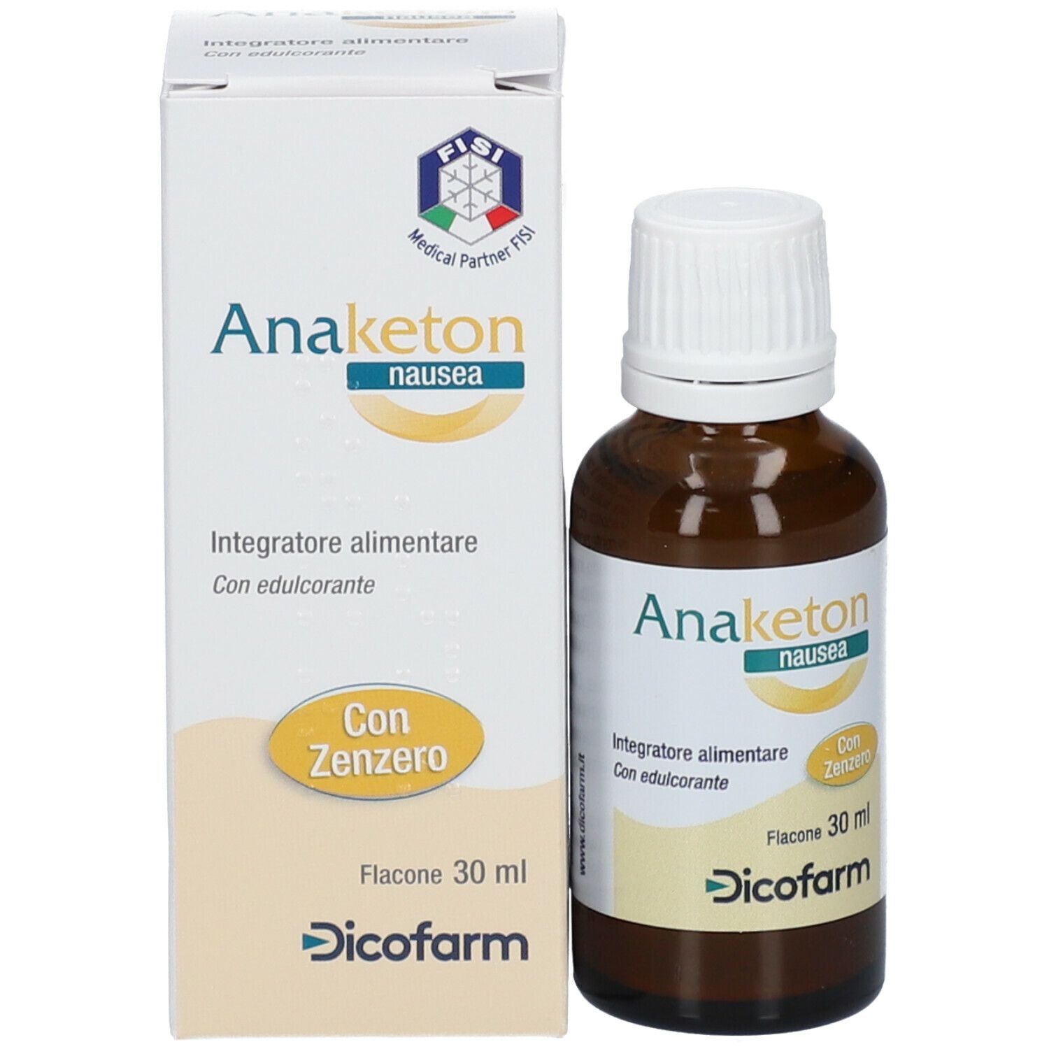 Scatola e flacone. Scatola con nome del prodotto e testo. Flacone da 30 ml. Certificazione FISI.