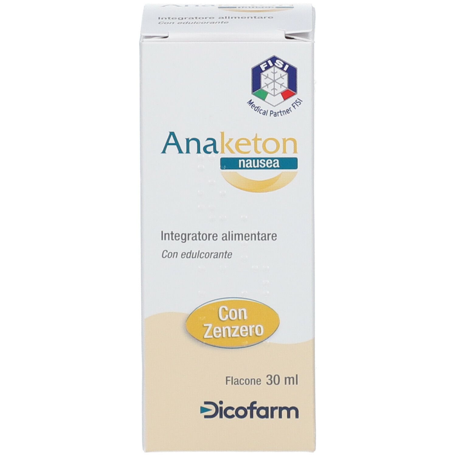 Scatola con nome del prodotto e testo. Flacone da 30 ml. Certificazione FISI.