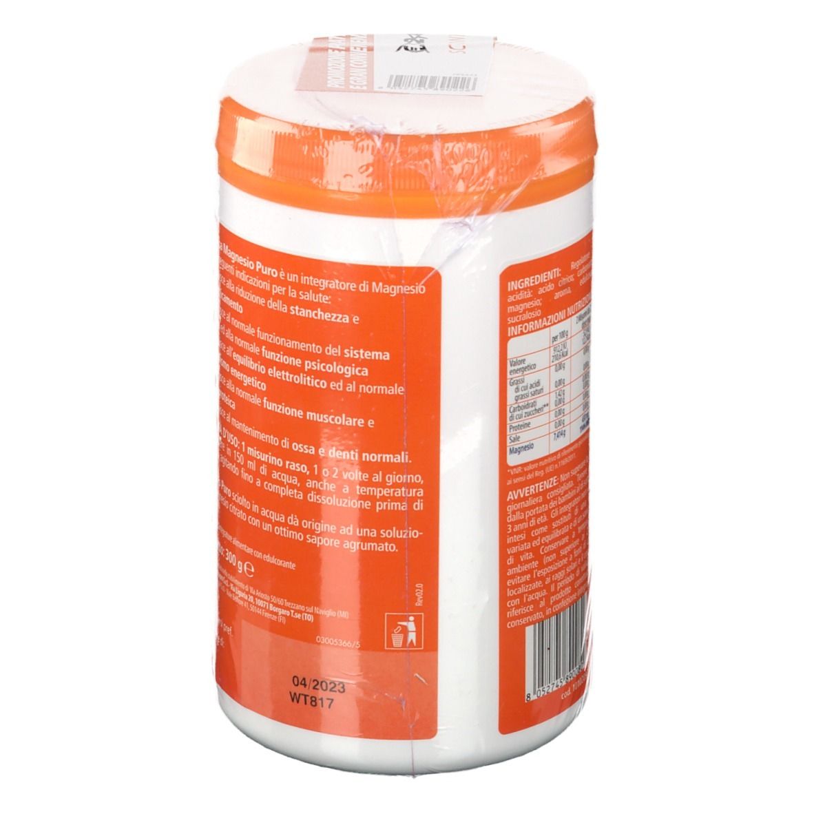 Barattolo bianco e arancione. Scritta Dynamica Magnesio Puro. Informazioni nutrizionali e codice a barre. Timbro data visibile.