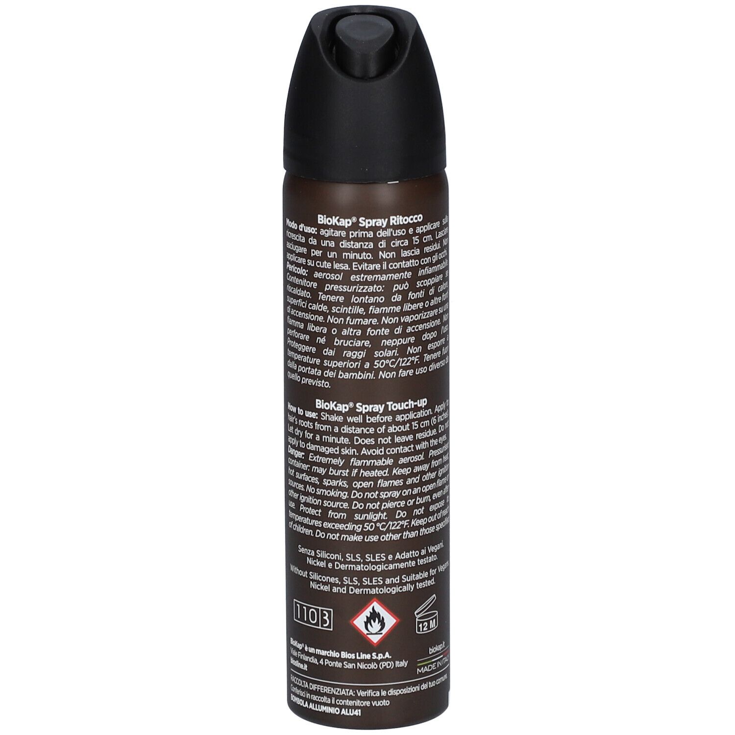 BioKap Spray Touch-Up in brauner Dose mit schwarzem Sprühkopf. Enthält Warnhinweise und Inhaltsstoffe.